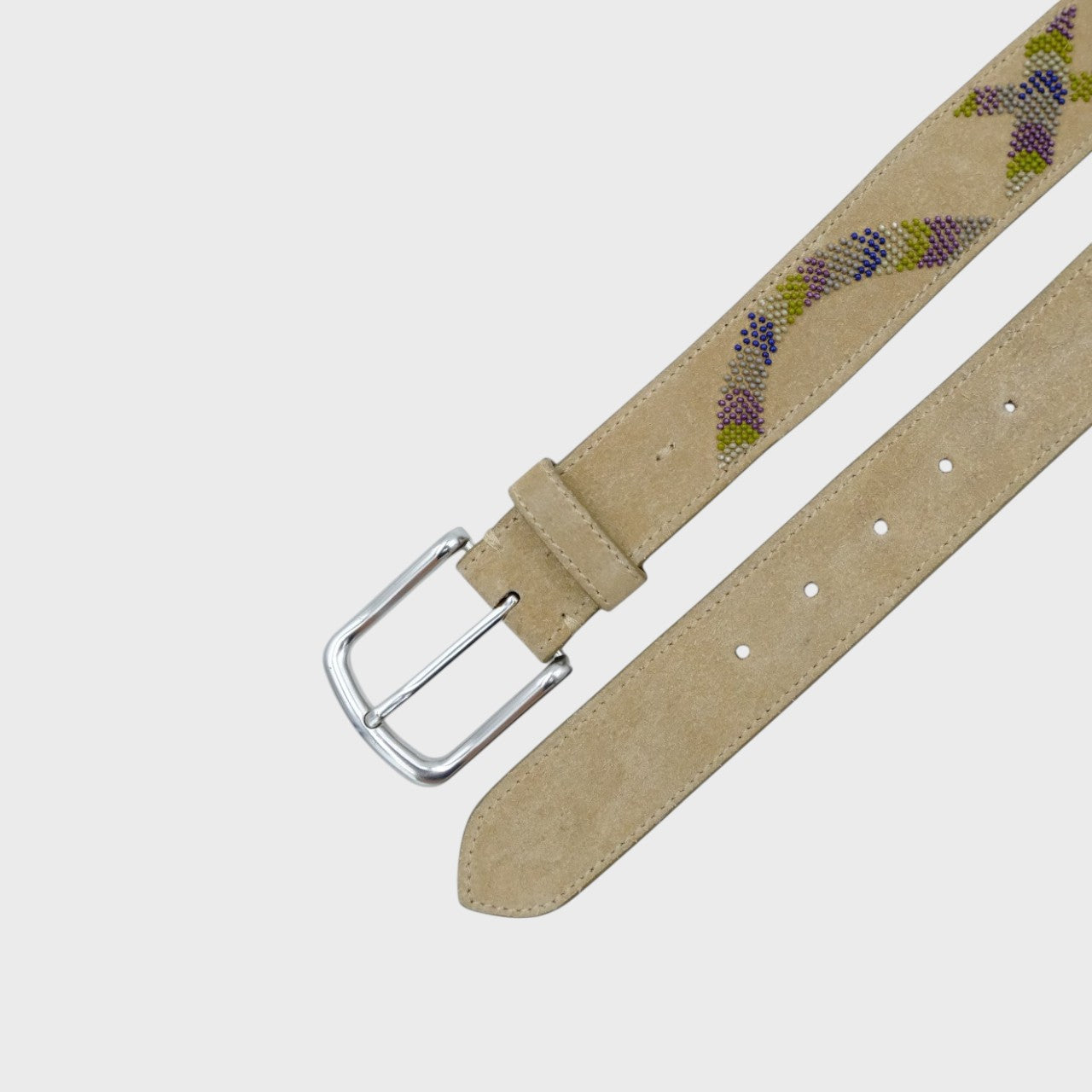 Beige suede belt with a silver buckle and a colourful embroidered snake pattern.