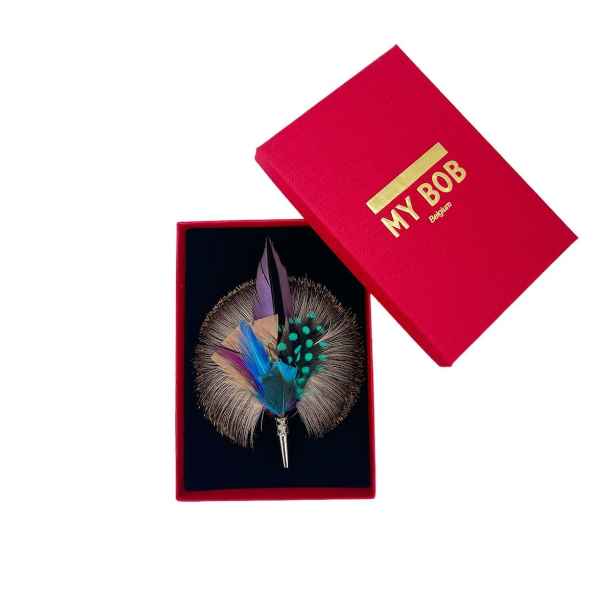 A multicolor feather brooch in a red box. 