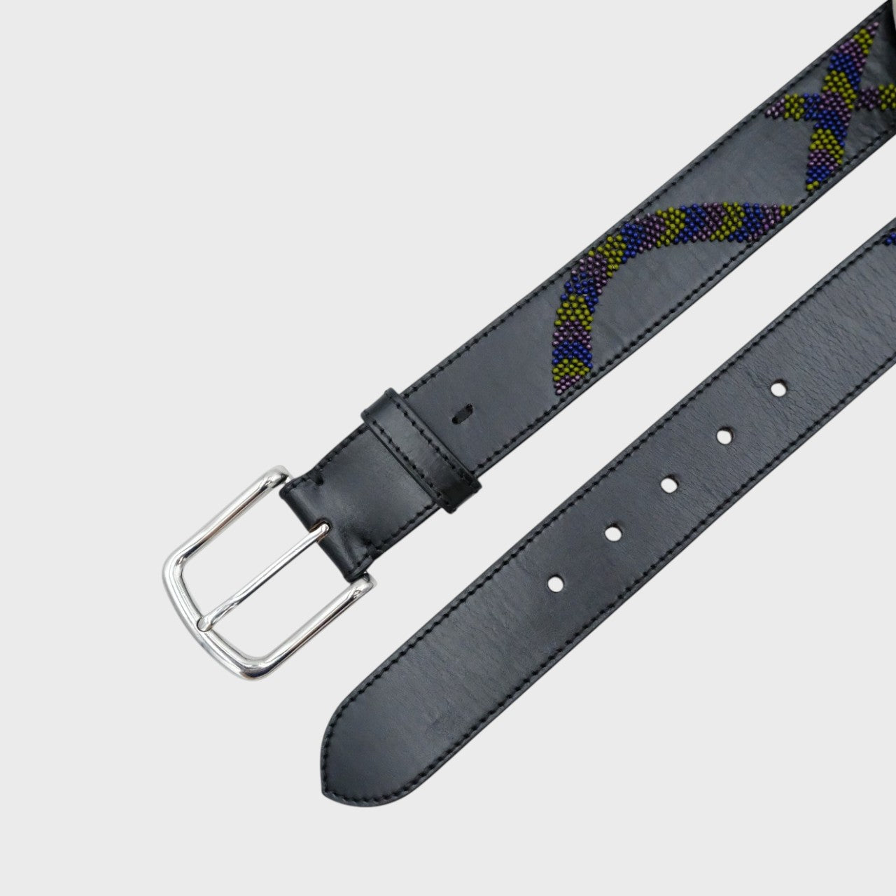 Black leather belt with a decorative snake embroidery and silver buckle.