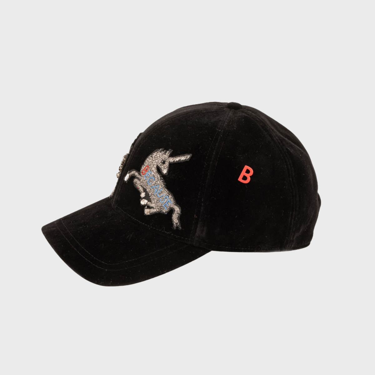 A black velvet embroidered baseball cap. 