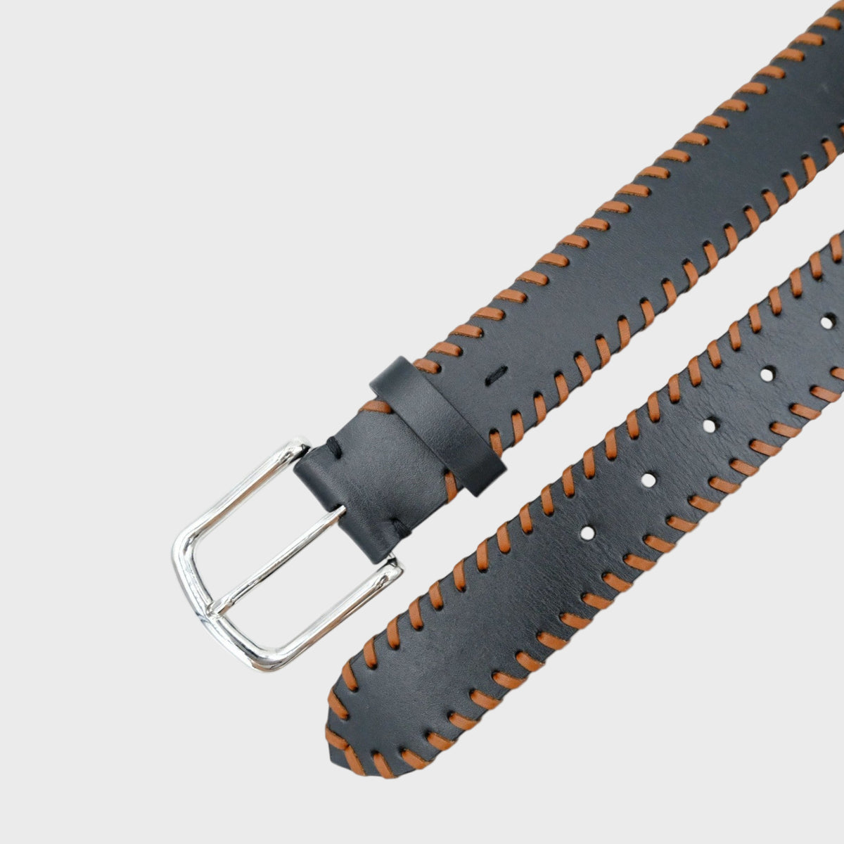 Black leather belt with brown stitching showed in diagonal on a light gray background