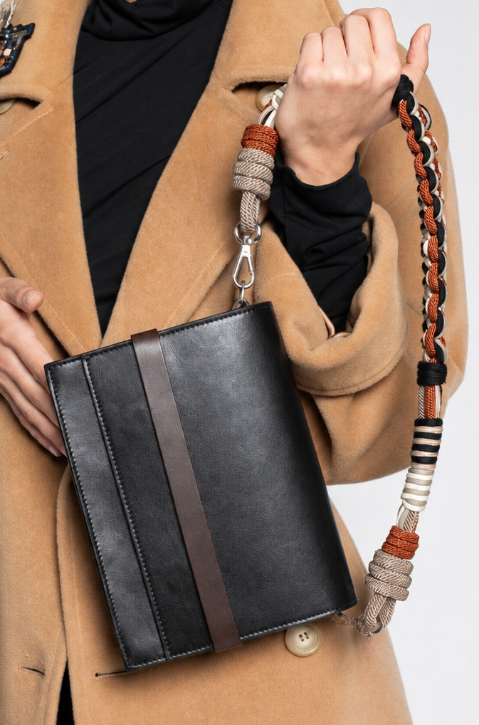 A model wearing a camel coat and black turtleneck holds a black leather crossbody bag with a brown vertical leather stripe and a braided macramé brown, beige, and black shoulder strap against a light gray background.
