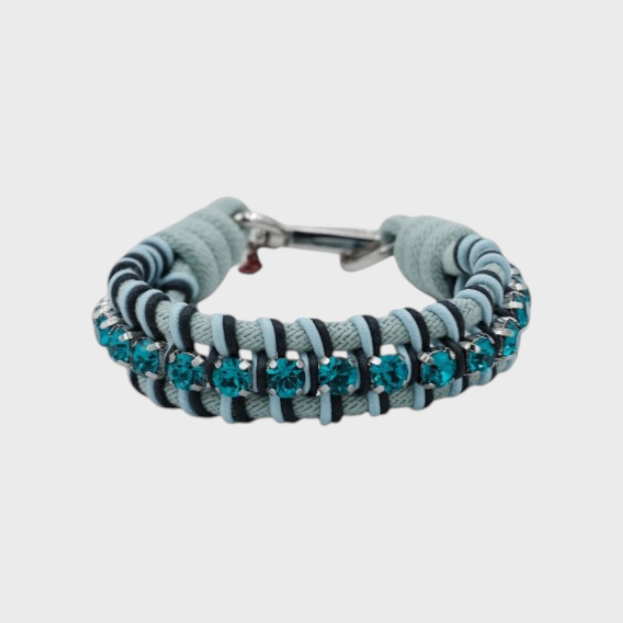 A braided macramé collar featuring light and dark blue cords with small ocean blue beads.