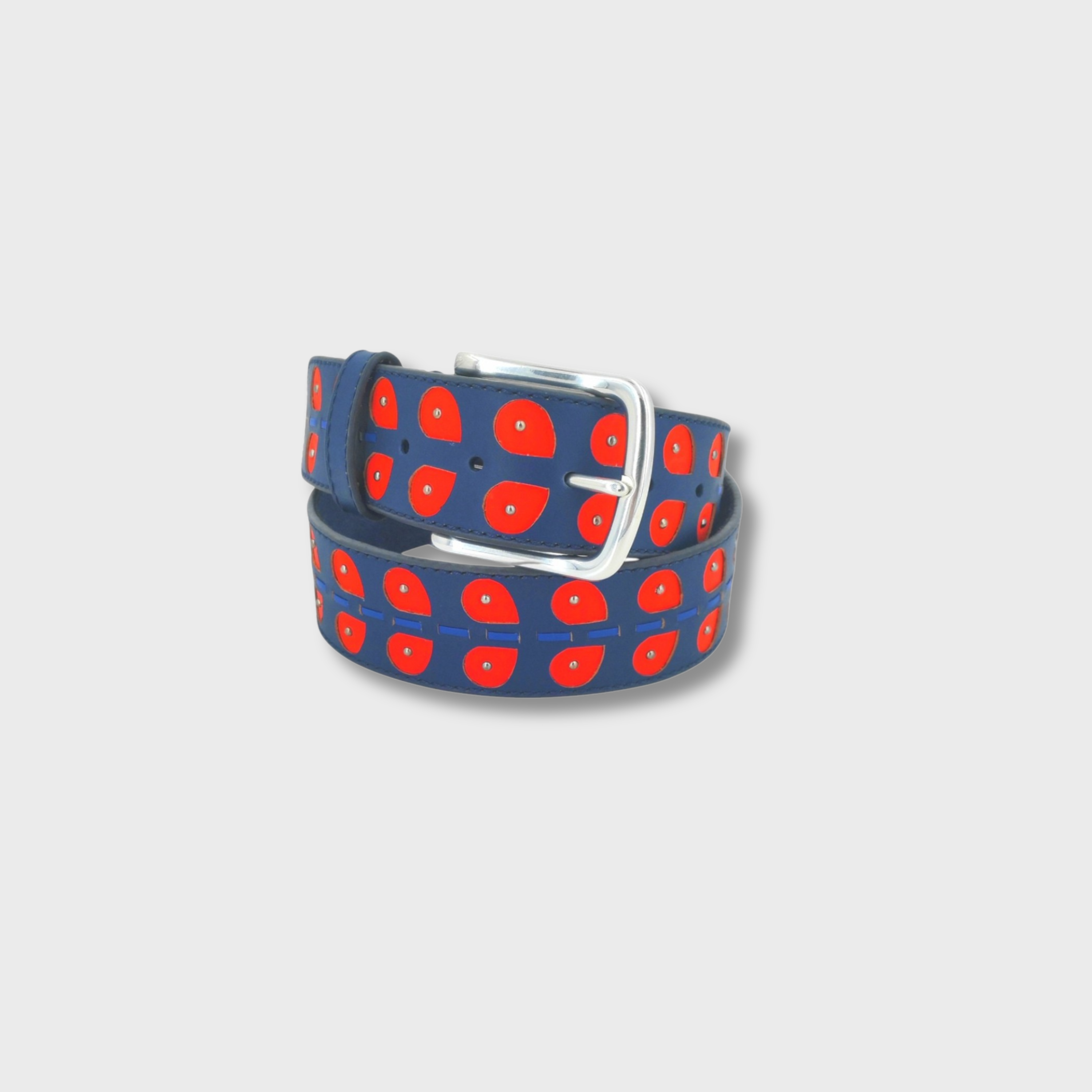 Blue & Red Leaves belt in leather and beads with silver buckle — MY BOB