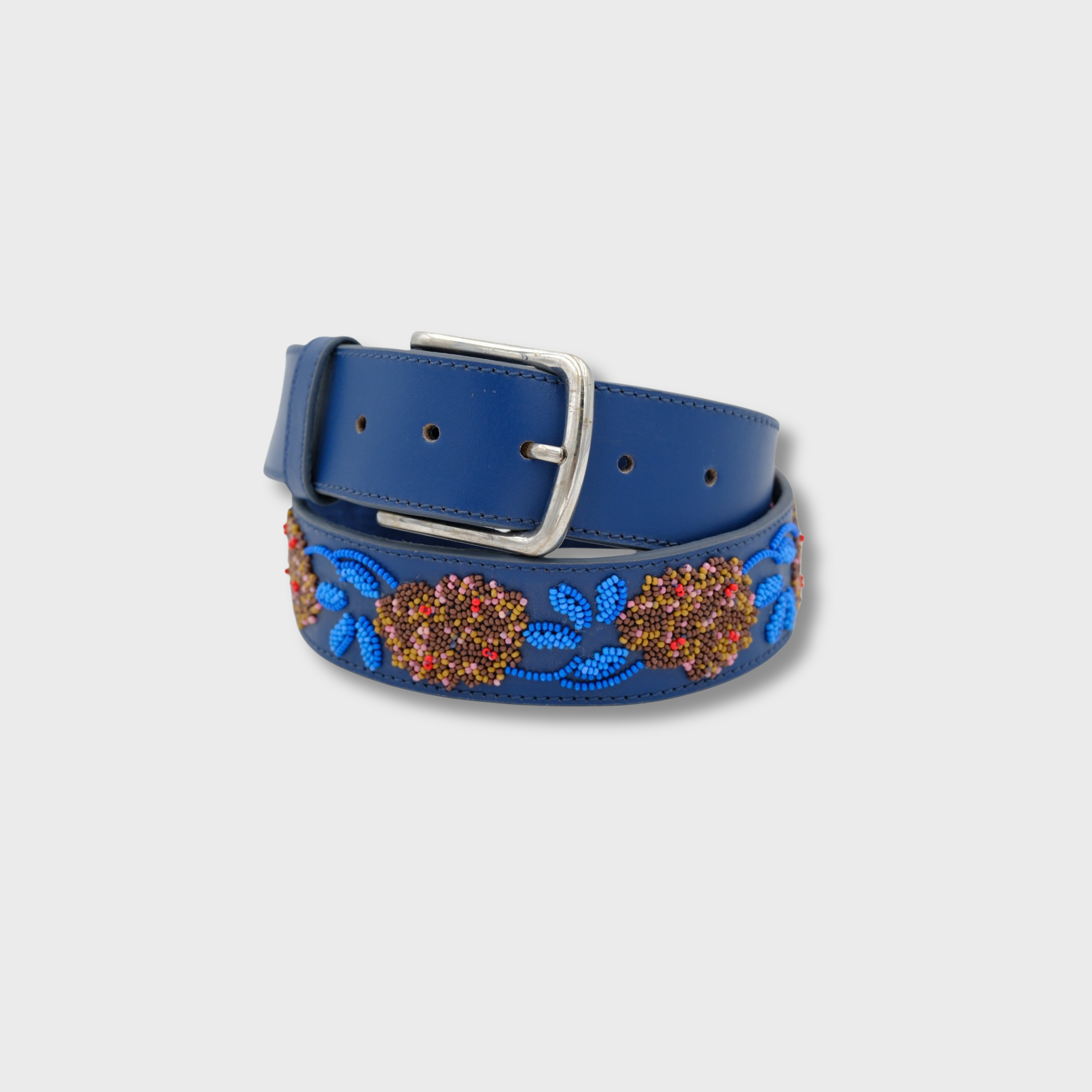 Blue Flower belt in leather and beads with silver buckle — MY BOB