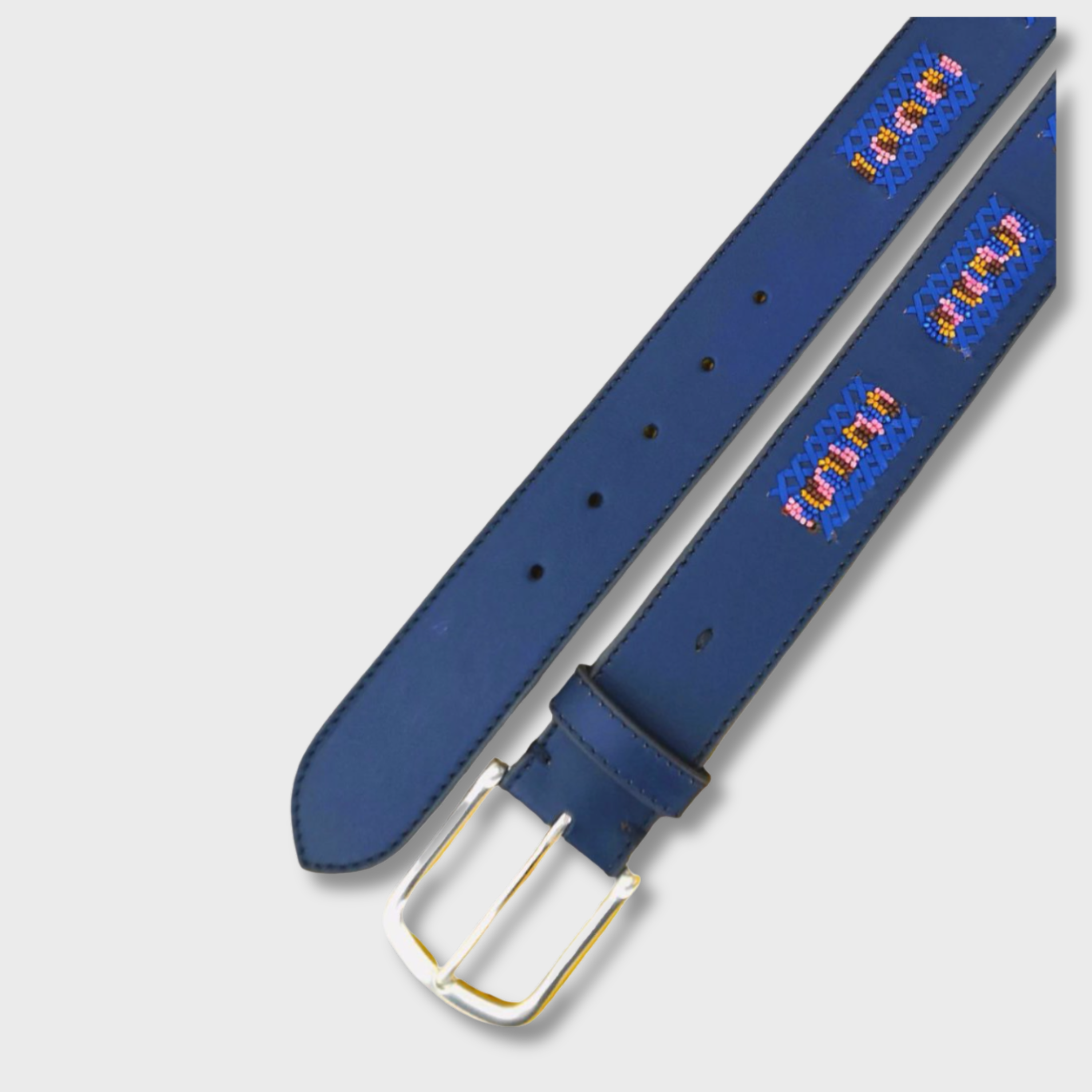 Close-up of the Blue Multicolour Stripe belt showing leather and bead detail