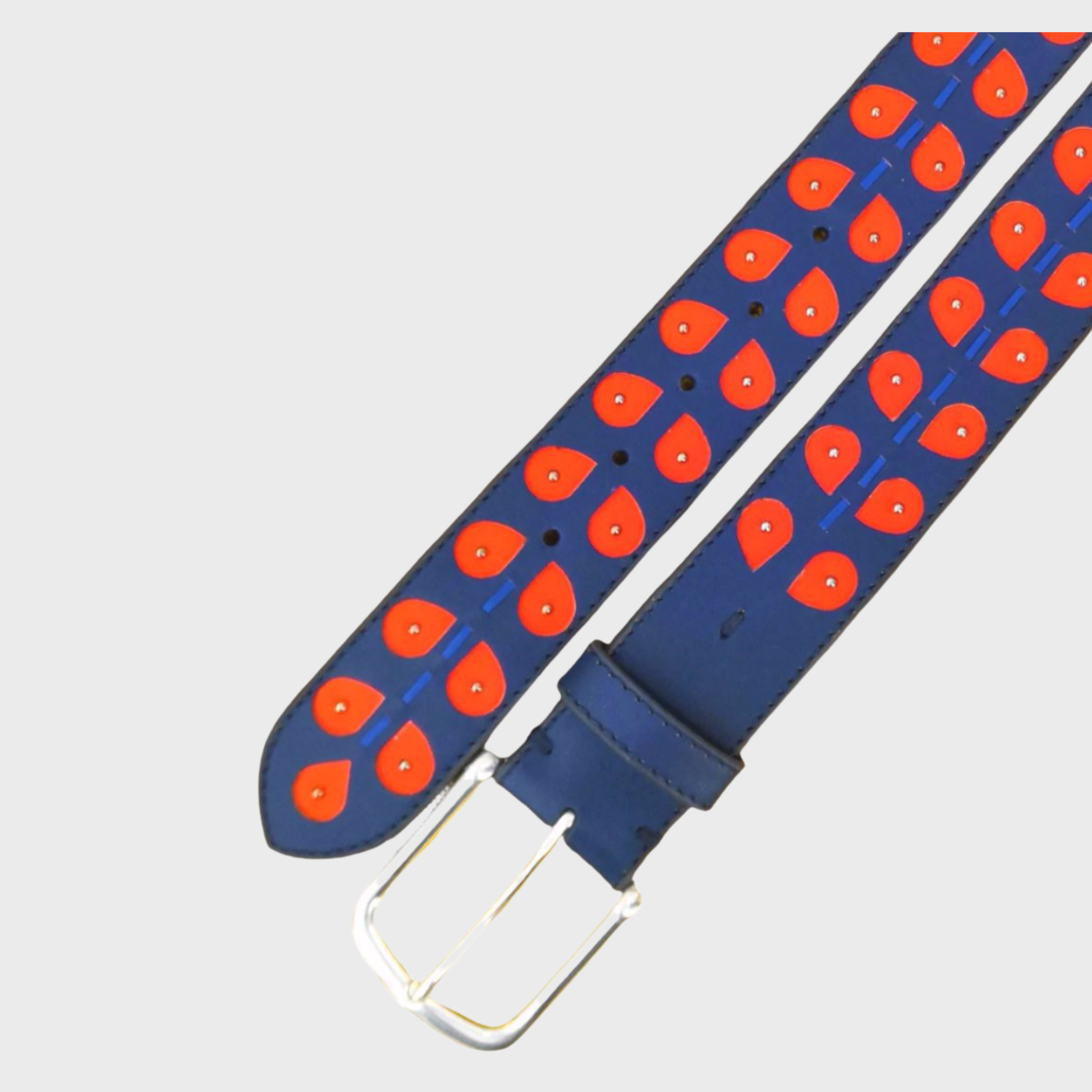 A navy blue leather belt with a repeating pattern of red leaves, featuring a silver metal buckle.