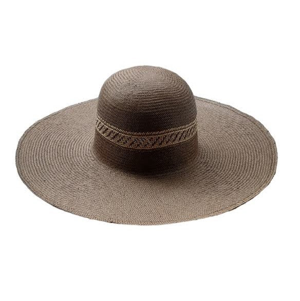A brown raffia wide-brimmed hat.  