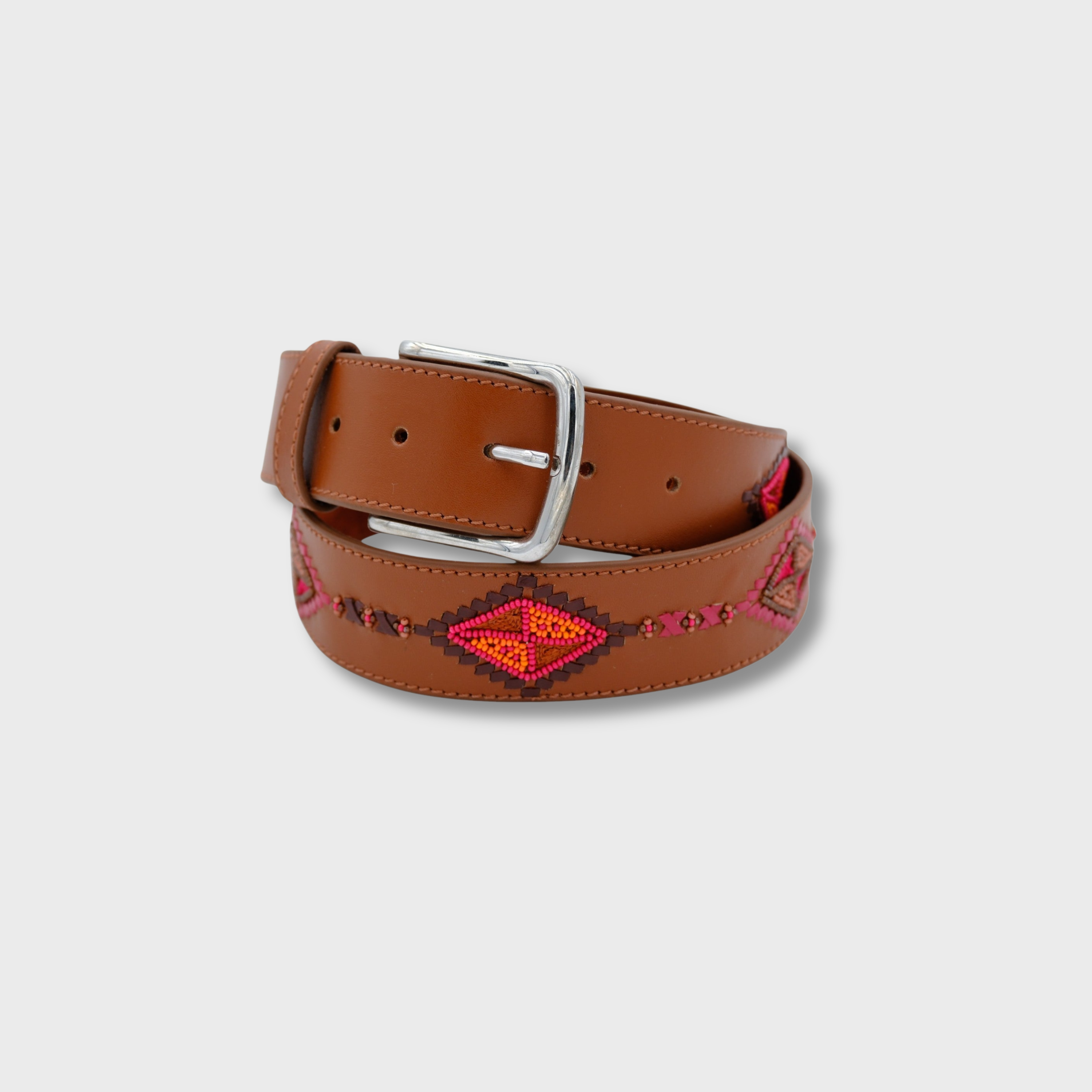 Cognac & Reds Cherokee belt in leather and beads with silver buckle — MY BOB