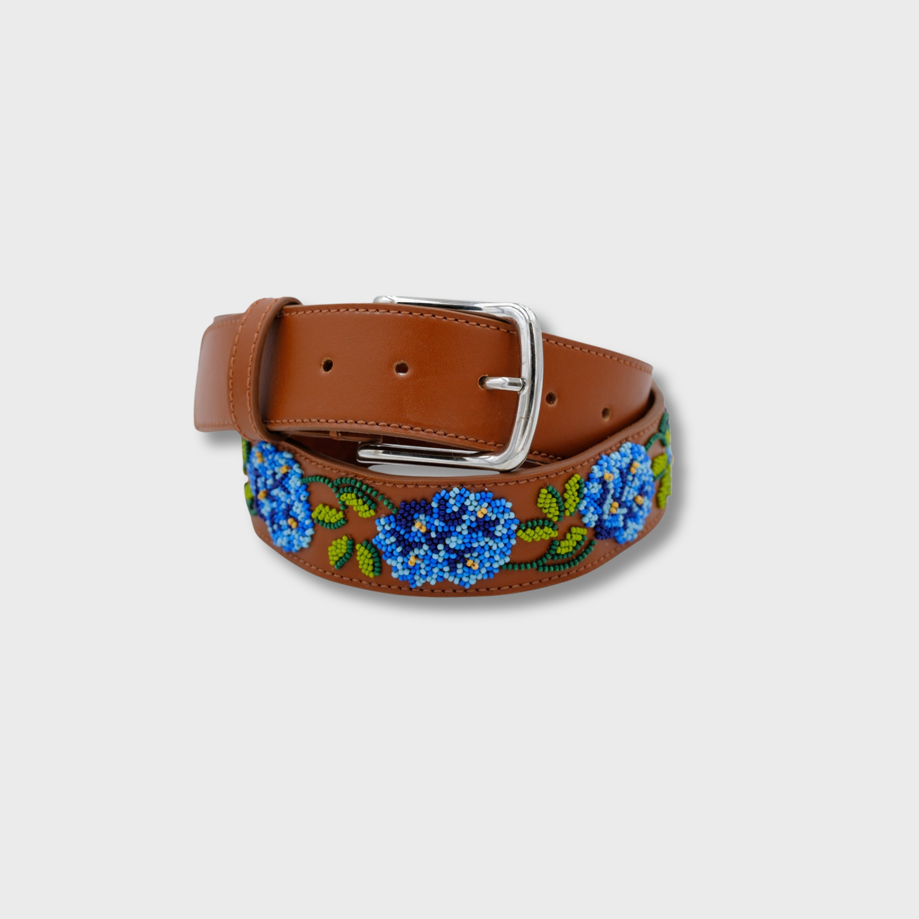 Blues with Cognac Flower belt in leather and beads with silver buckle — MY BOB