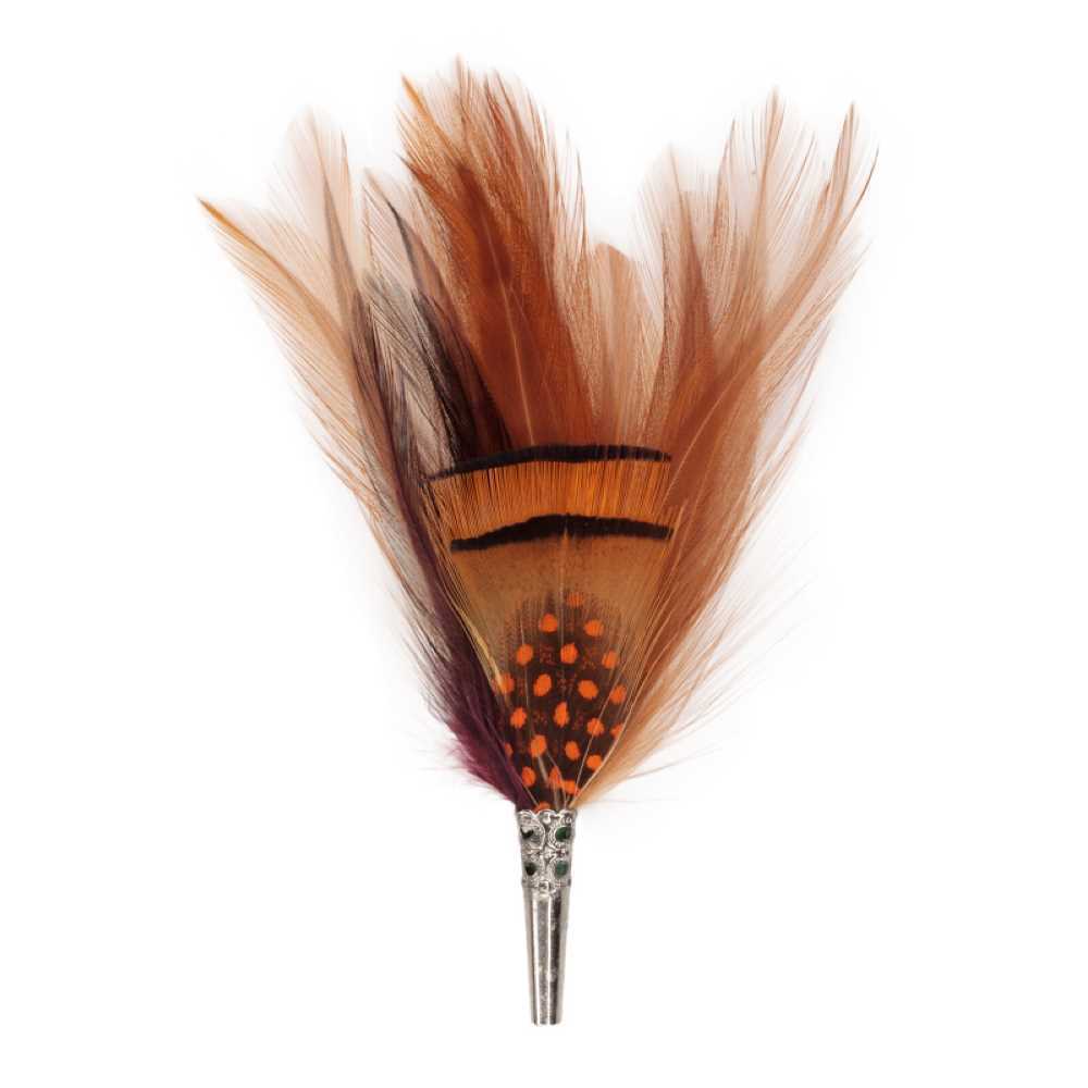 A feather brooch with brown, orange and purple feathers. 