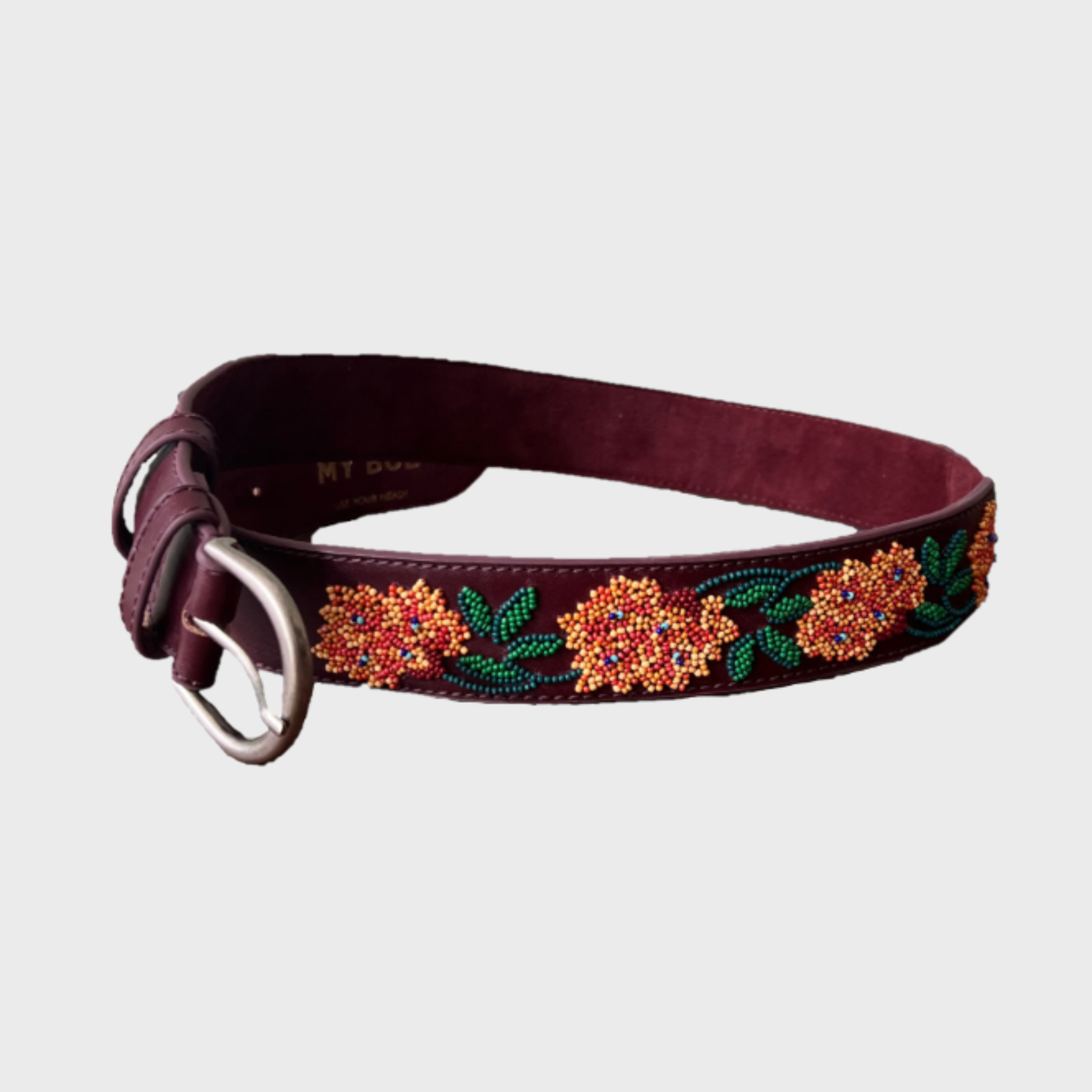 A dark burgundy leather belt with a silver buckle, decorated with colorful beaded floral patterns in orange, red, yellow, and green.