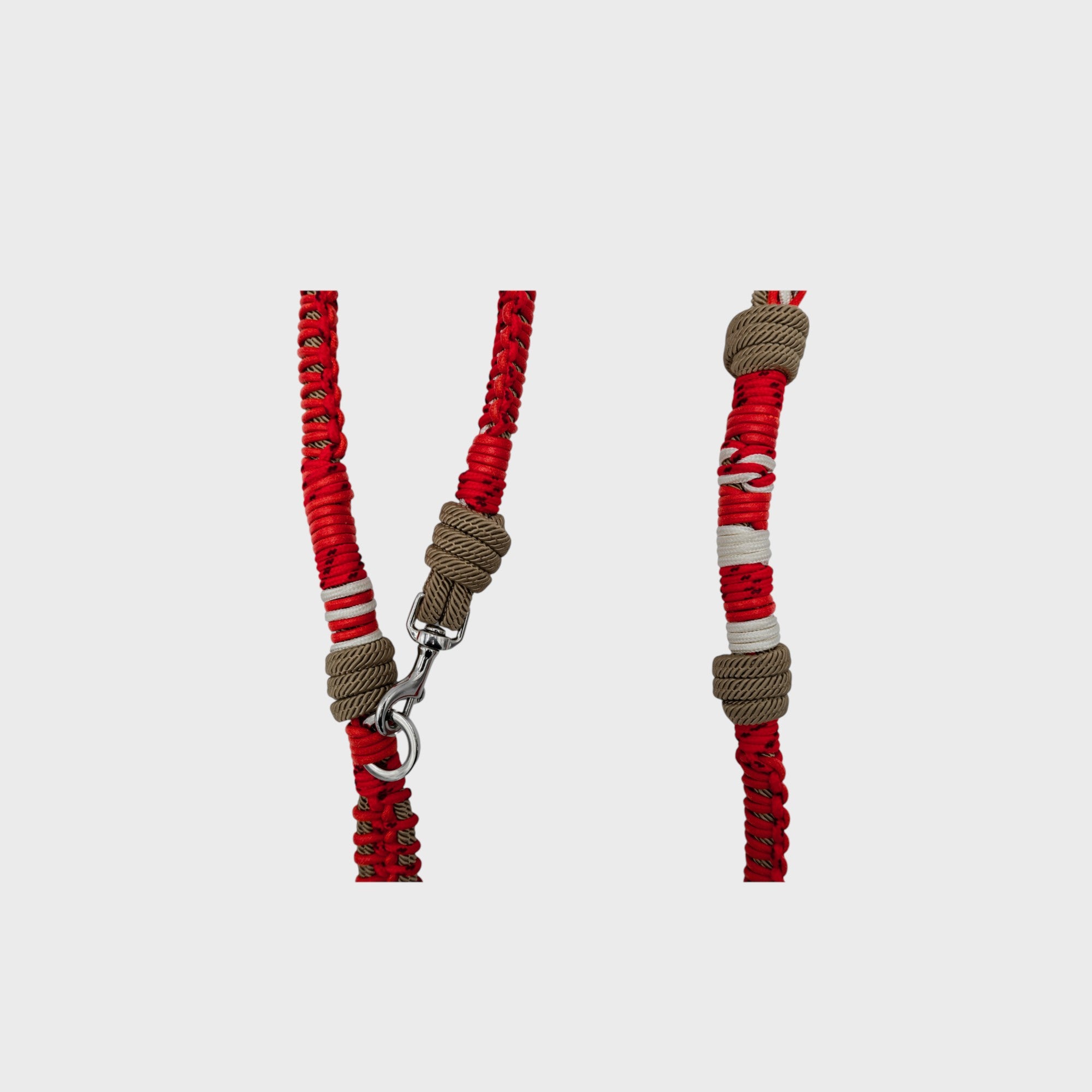 A close-up of the red and brown braided  macramé dog leash.