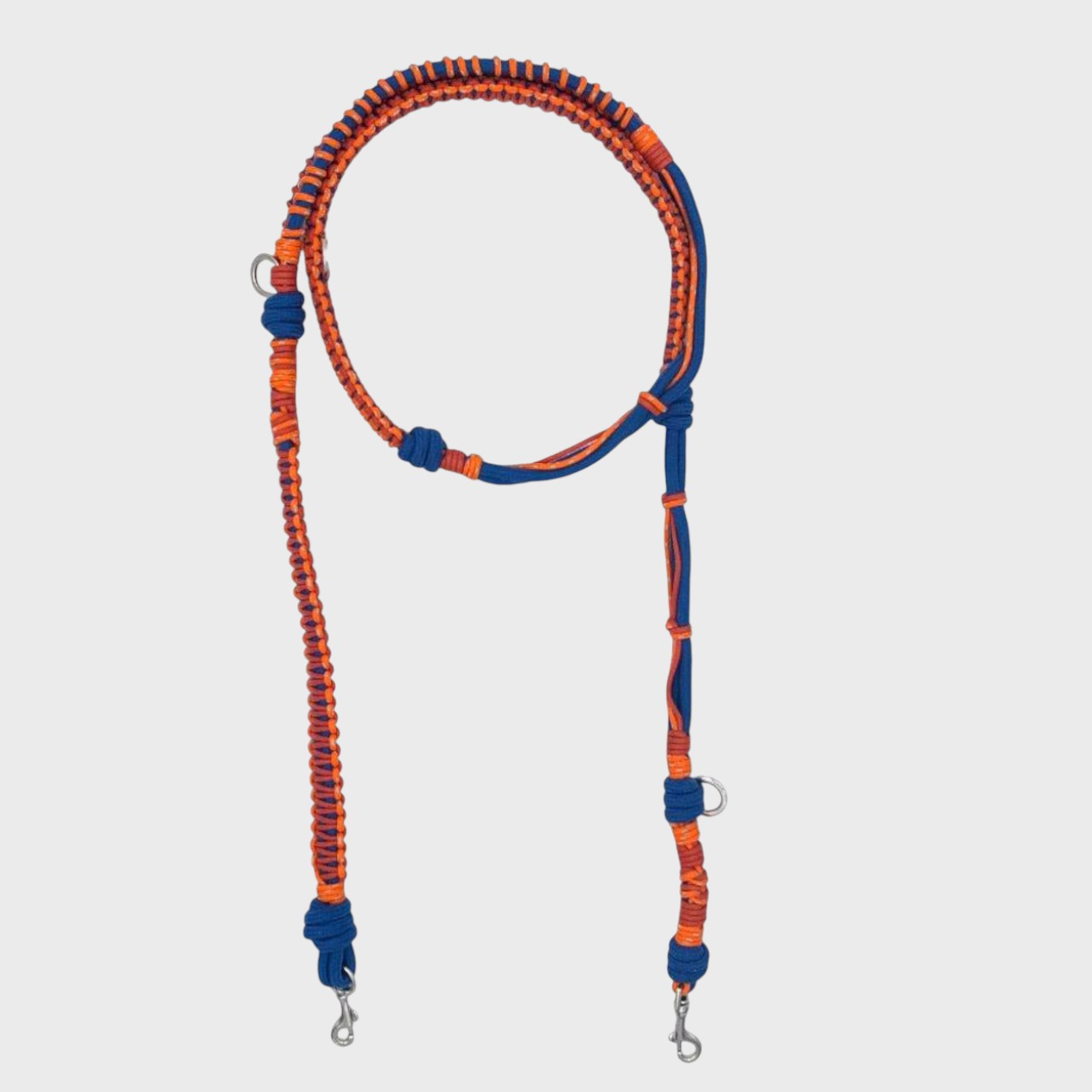 Close-up of the neon orange and blue dog leash.