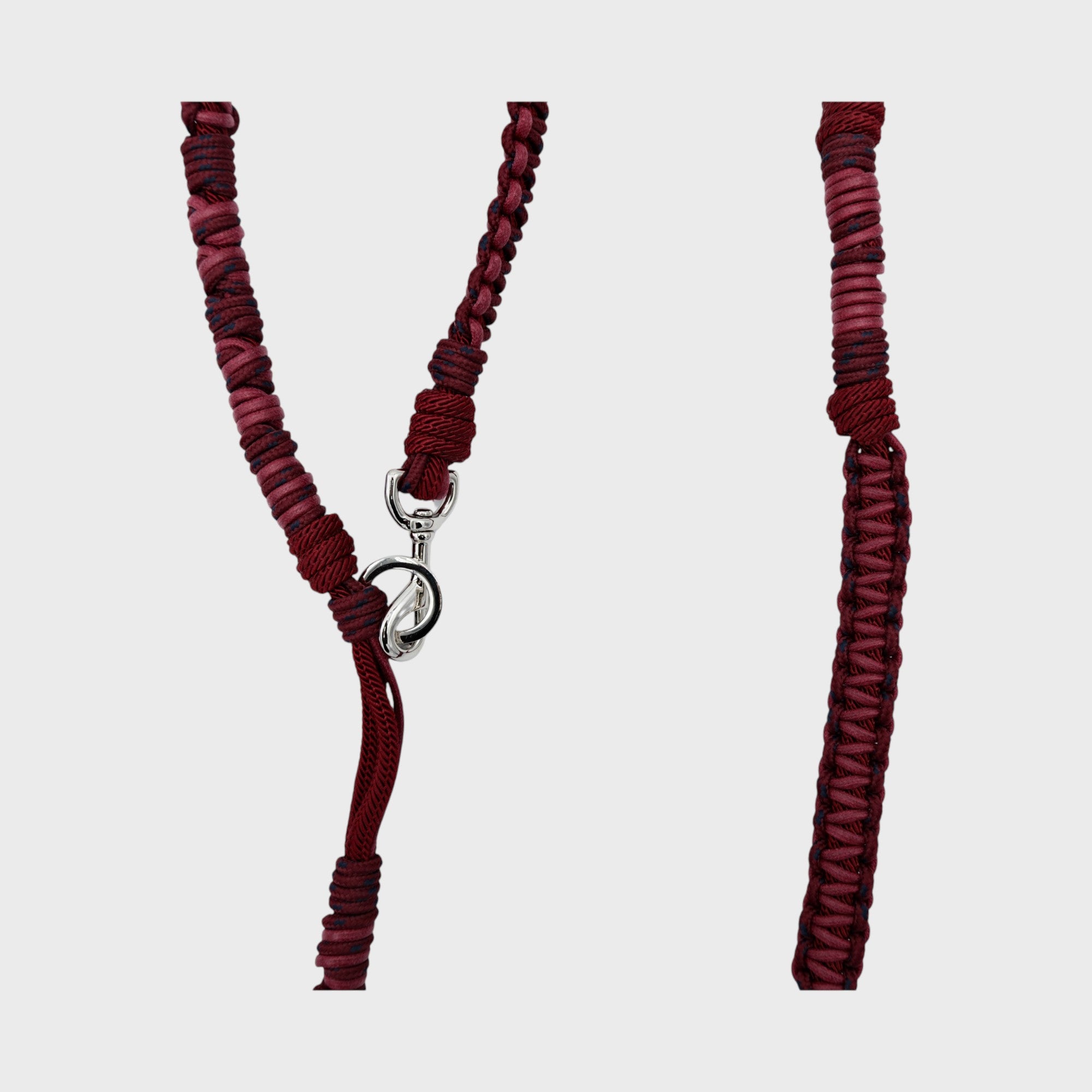 Closeup of the brugundy an dlight burgundy Tarzan Dog leash 