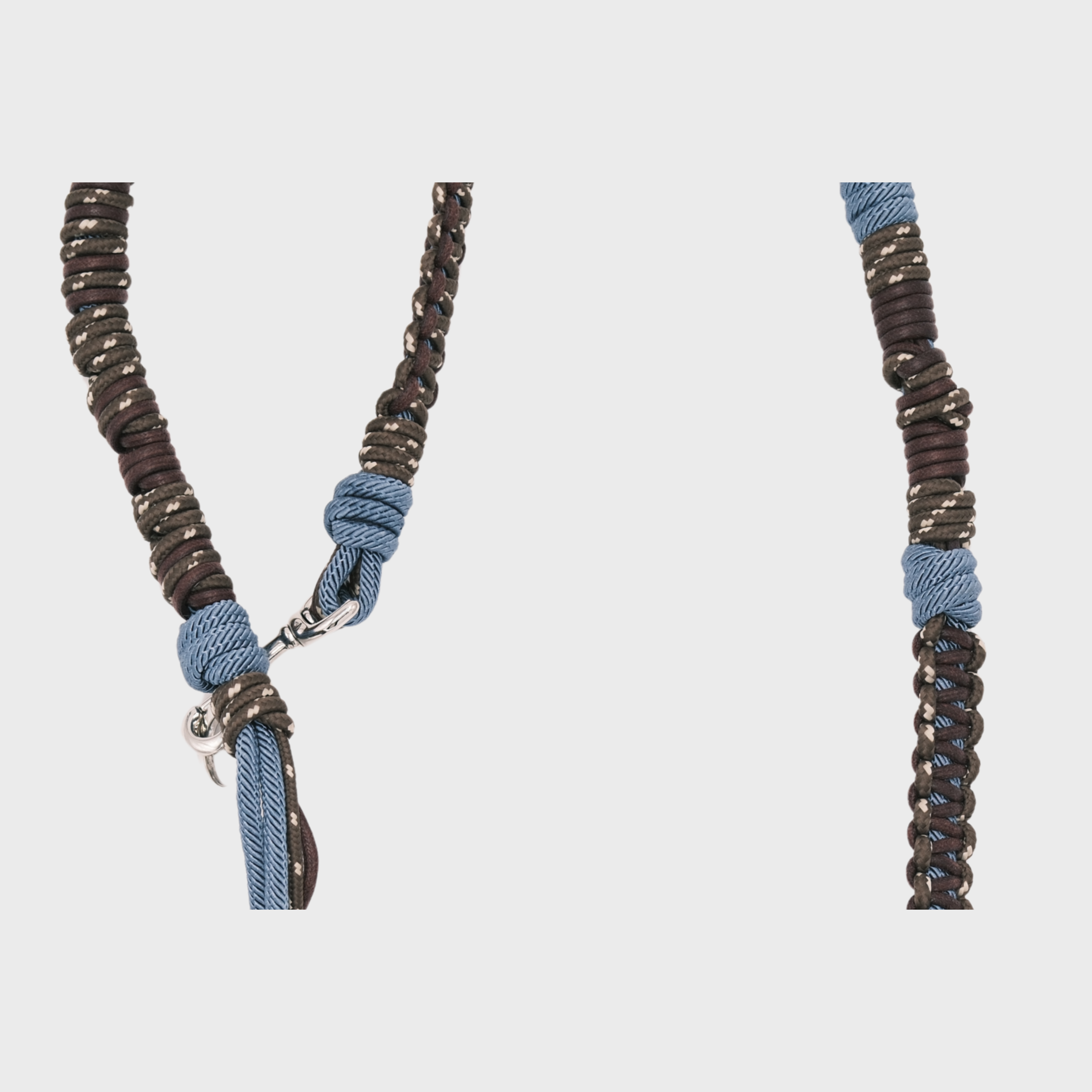 Closeup of the blue and dark brown Tarzan dog leash