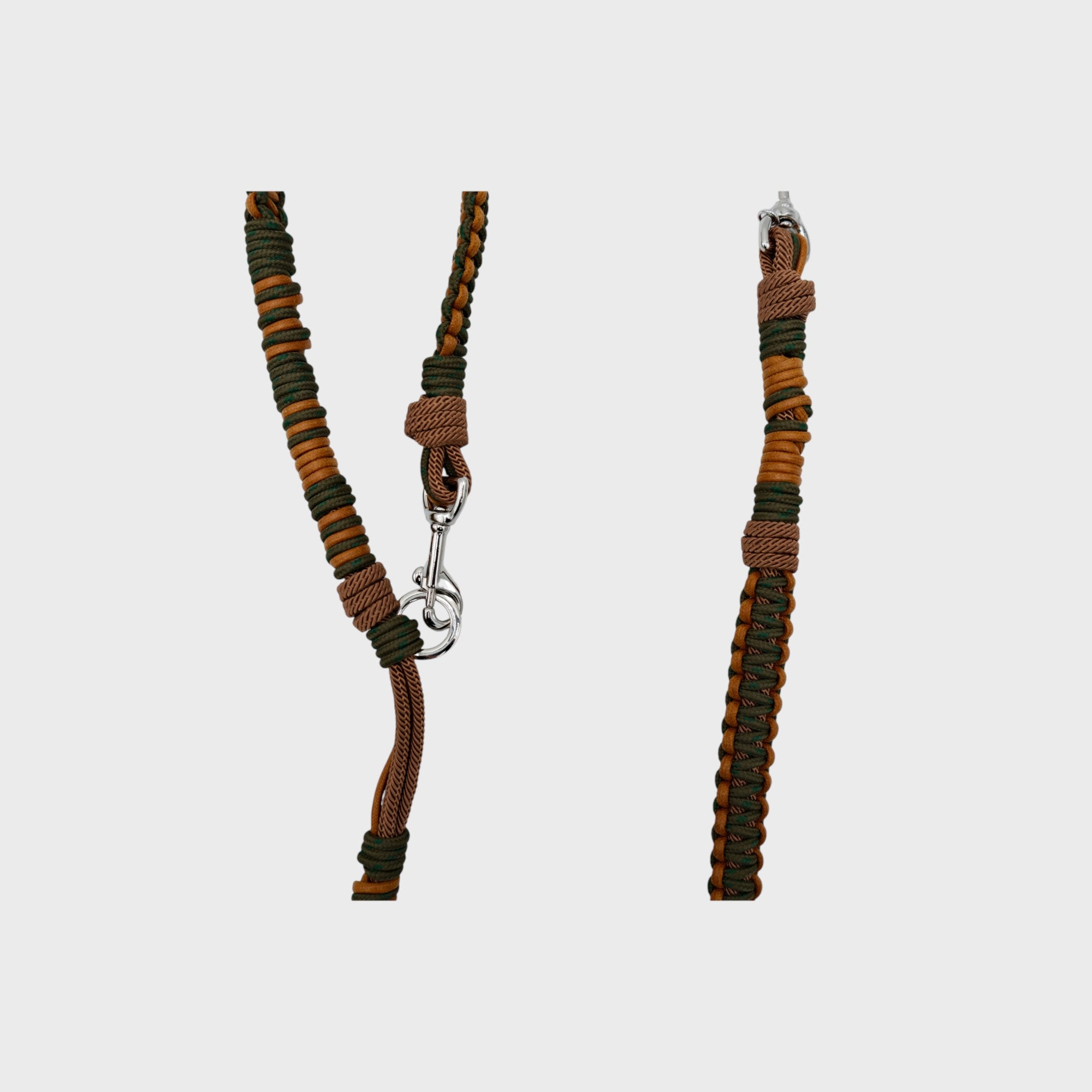 Close up of the dark green, dark yellow and brown Tarzan dog leash