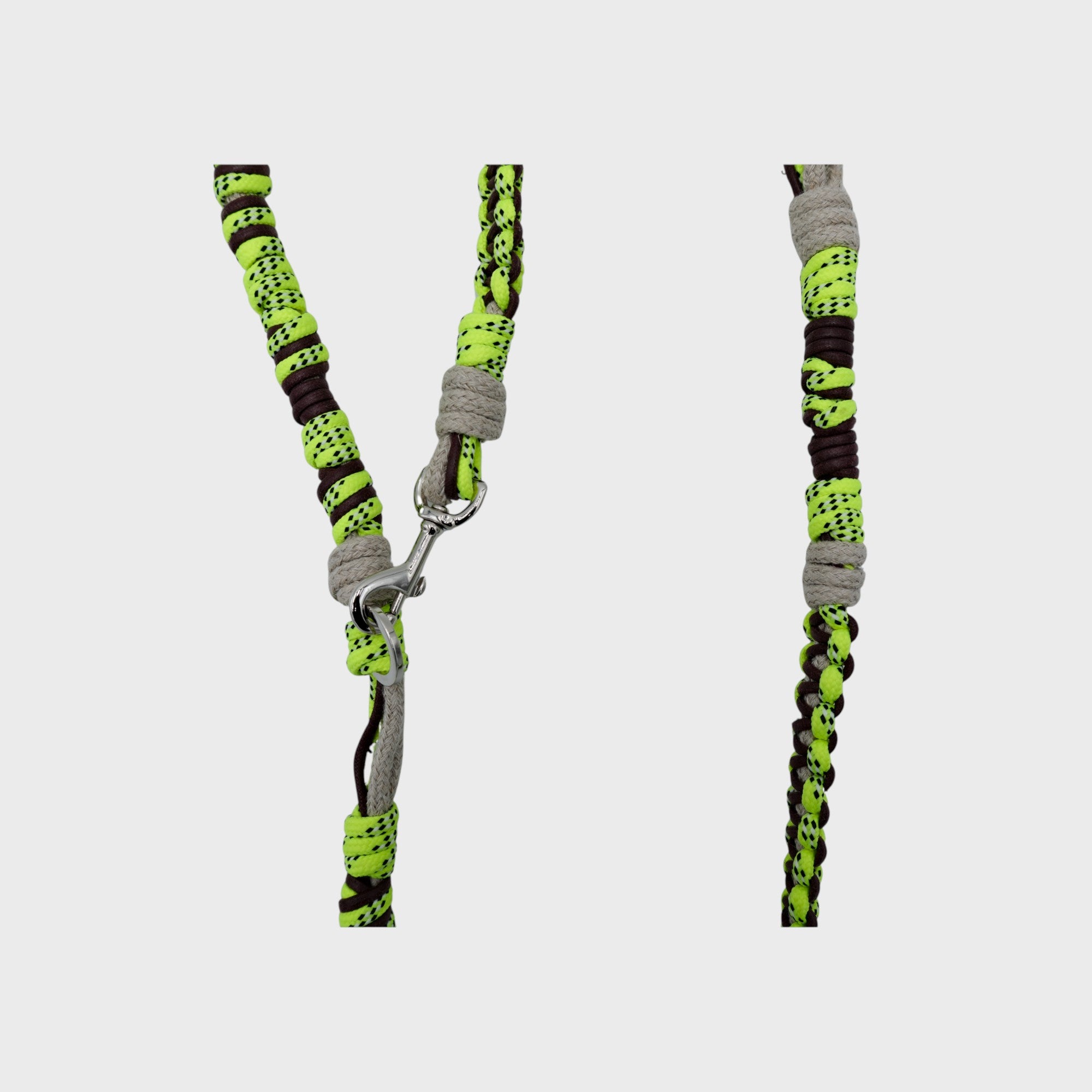 Closeup of the neon yellow and beige Tarzan Dog leash