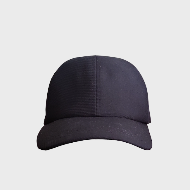 A dark blue cotton baseball cap facing the camera. 