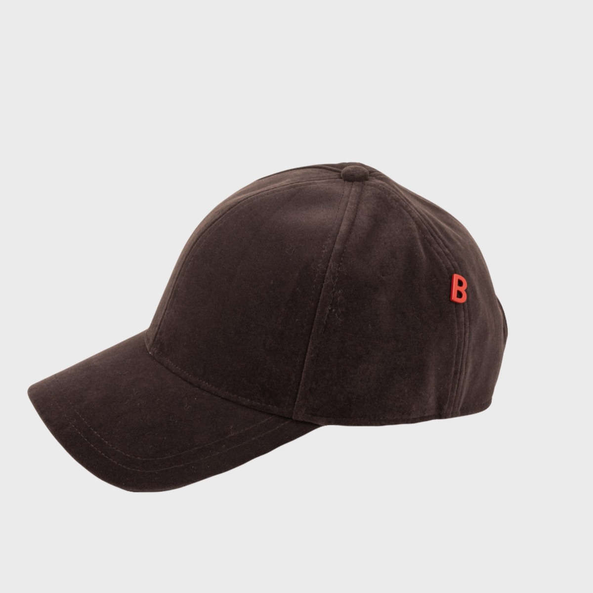 Dark brown velvet baseball cap side. 