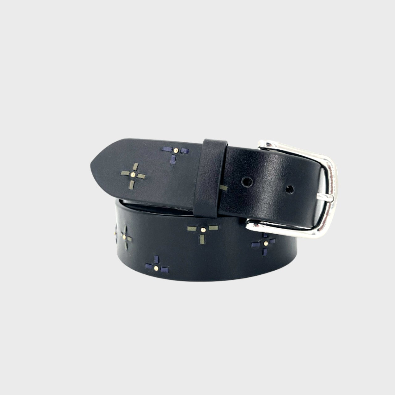 Black leather belt with floral embroidery and silver buckle.