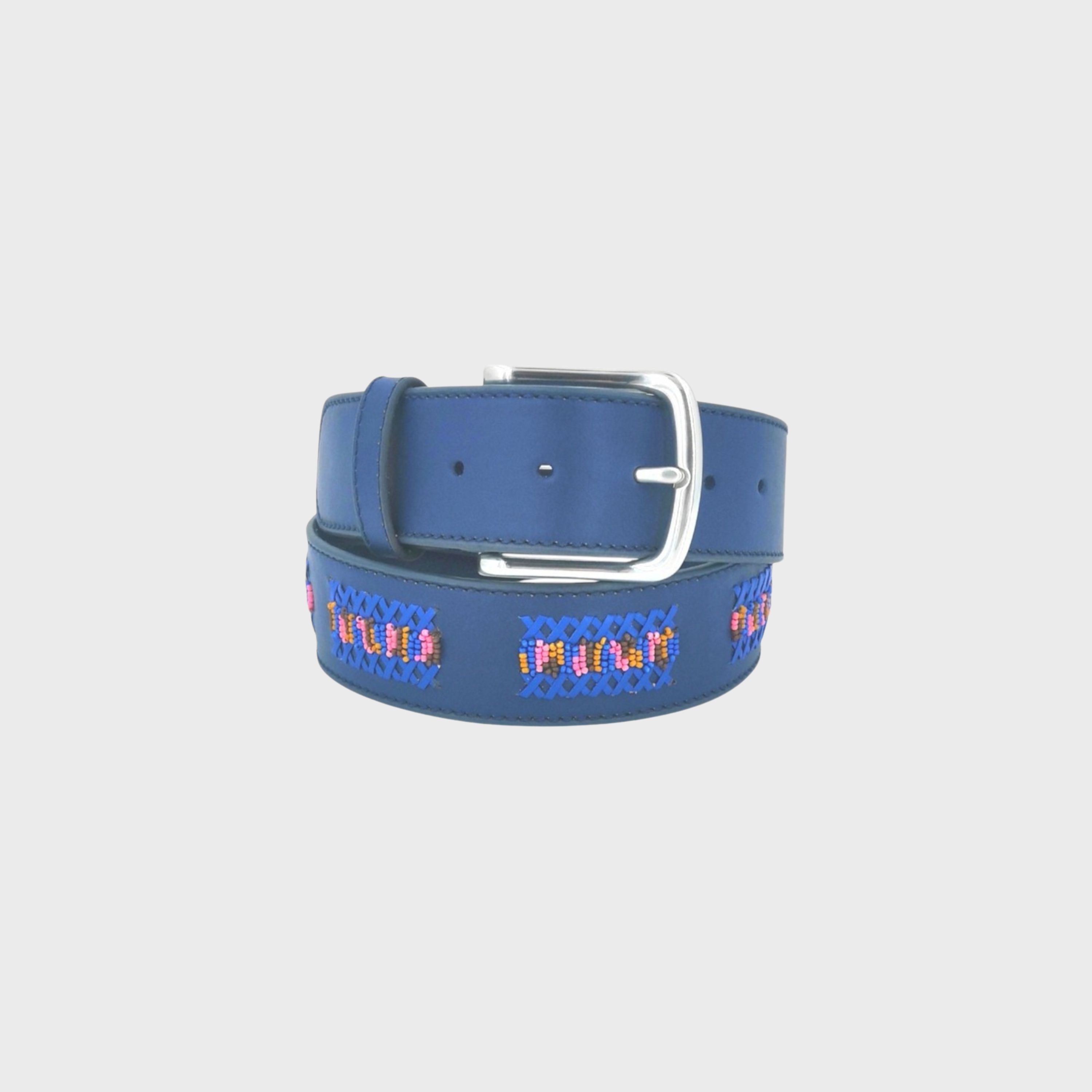 A blue leather belt with a silver buckle, featuring turquoise, pink, and yellow geometric embroidered patterns along the strap.