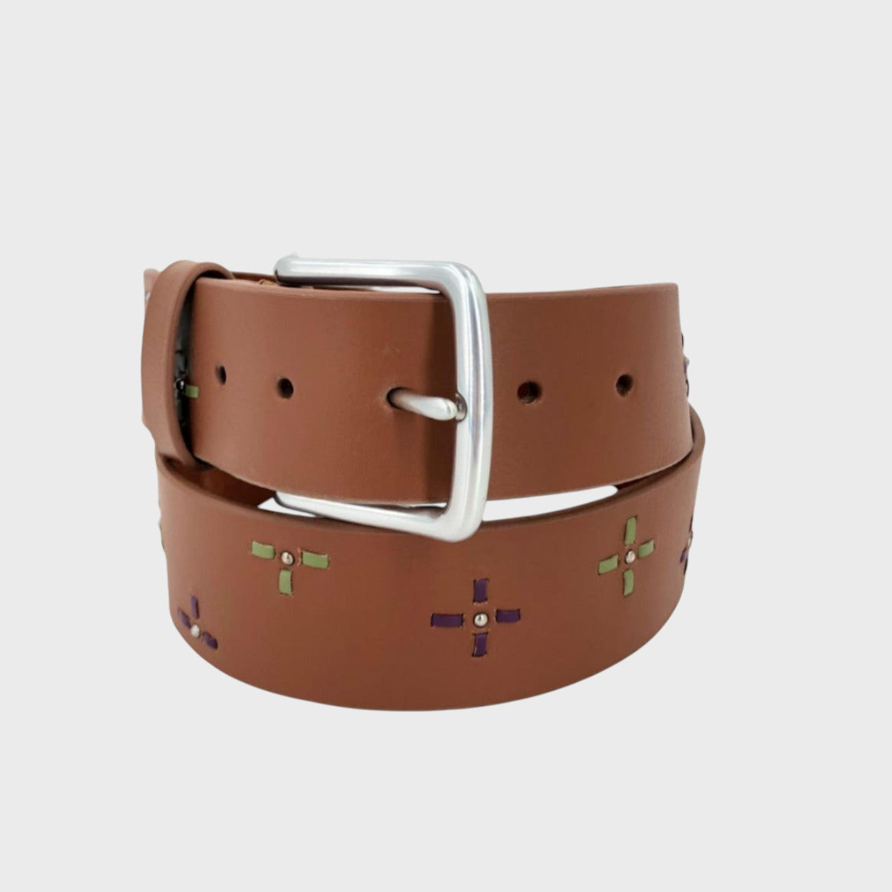 Brown leather belt with floral embroidery and silver buckle.