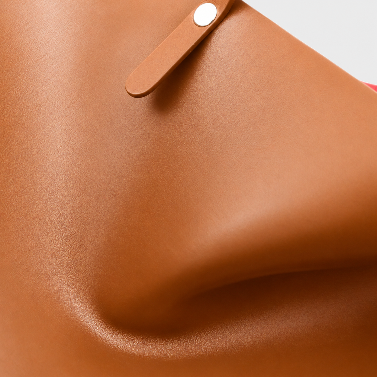 Close-up of a smooth tan leather bag surface with a small strap detail and silver rivet against a light neutral background.