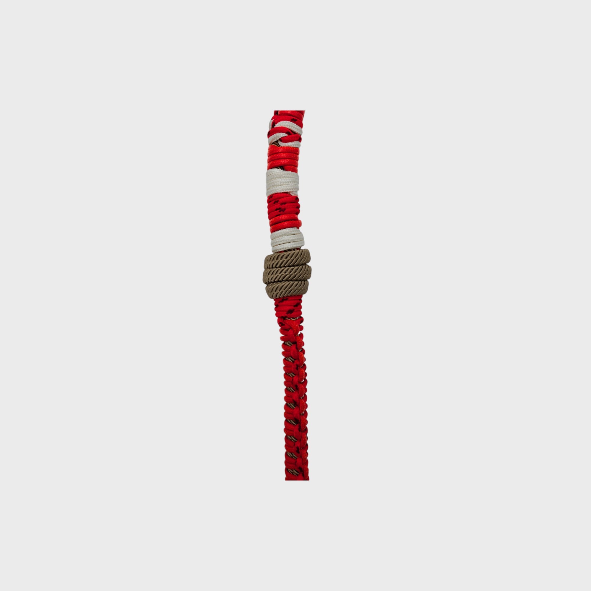 Detail of the red and brown braided macramé dog leash