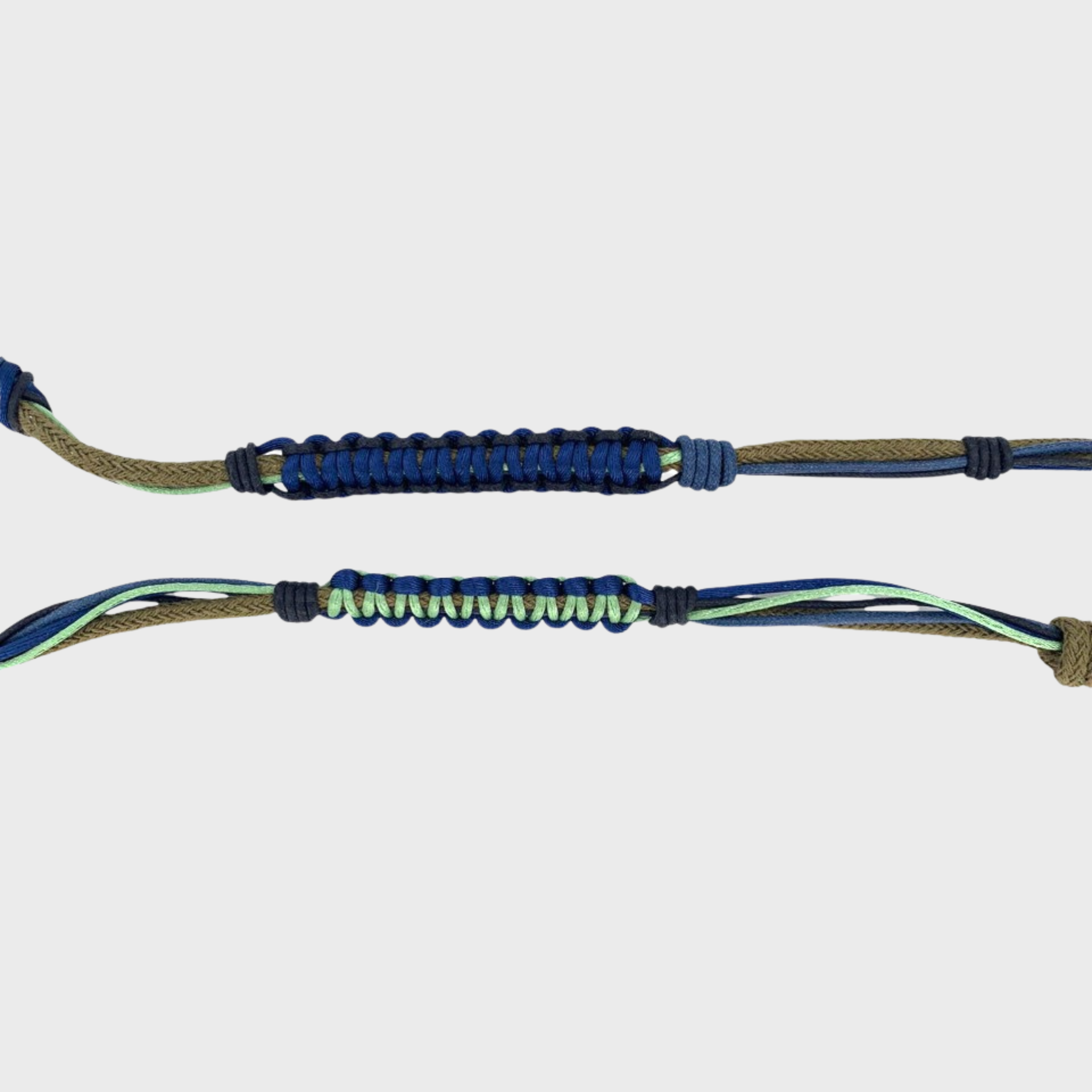 Detail of the brown, dark blue and light green phone lanyard. 
