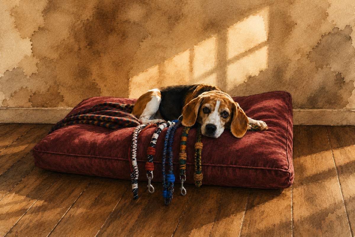 A beagle dog rests on a plush burgundy dog bed with several colorful  macramé dog leashes draped over the front, set in a warm room with wood floors and textured walls under window light.