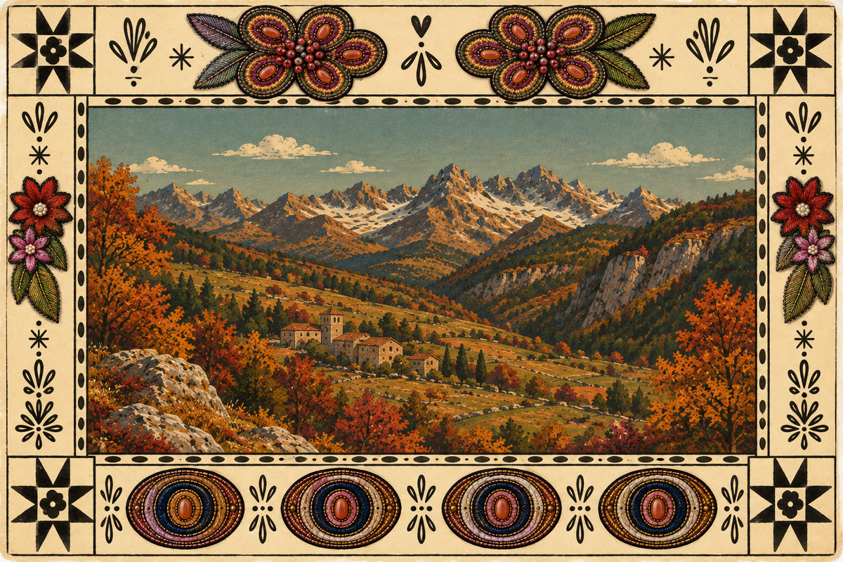 The drawing of a mountain valley landscape with a square border featuring the drawings of embroidered brooches. 