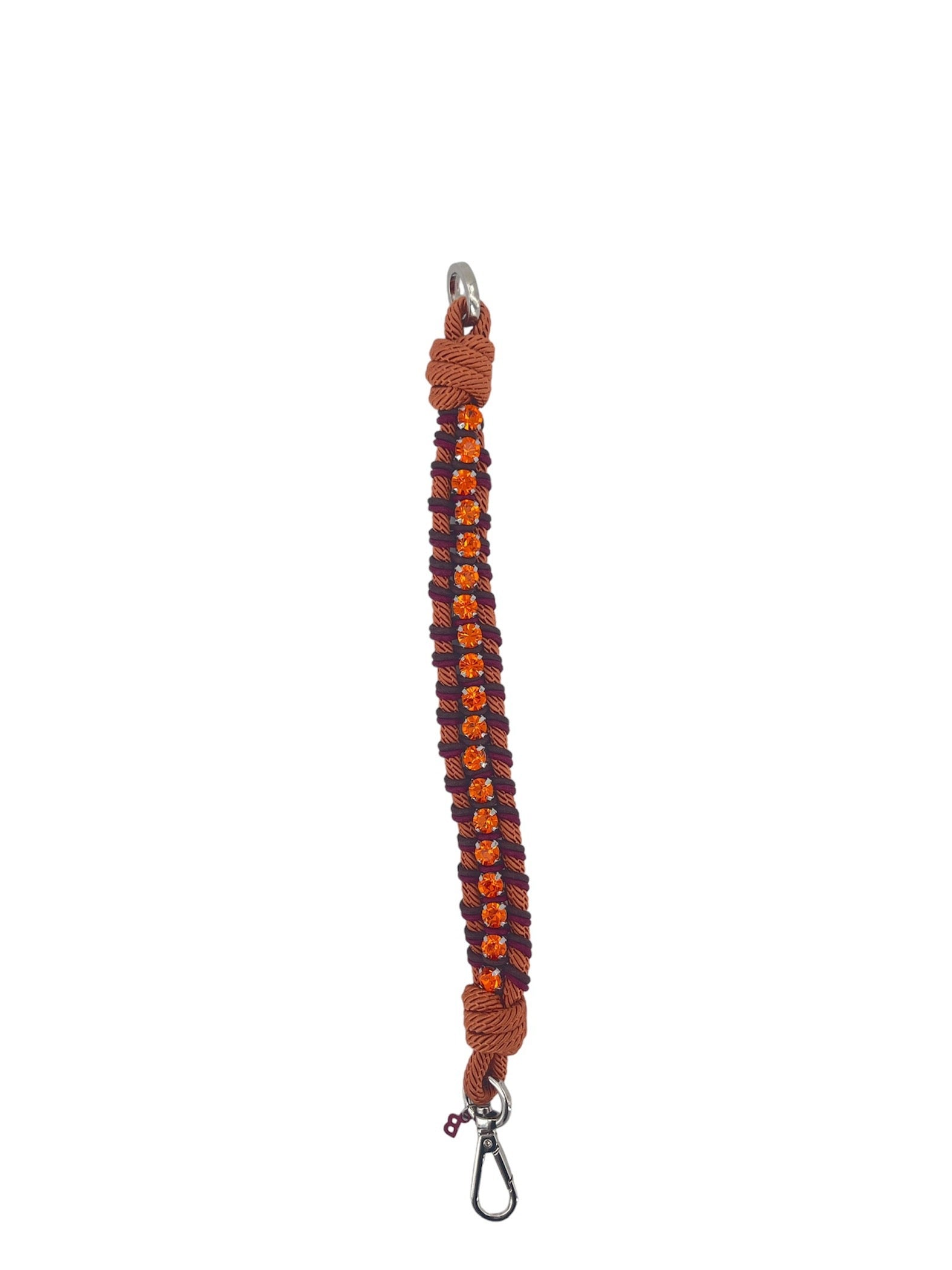 A braided macramé collar featuring orange, burgundy and brown cords with small orange beads and a silver clasp.