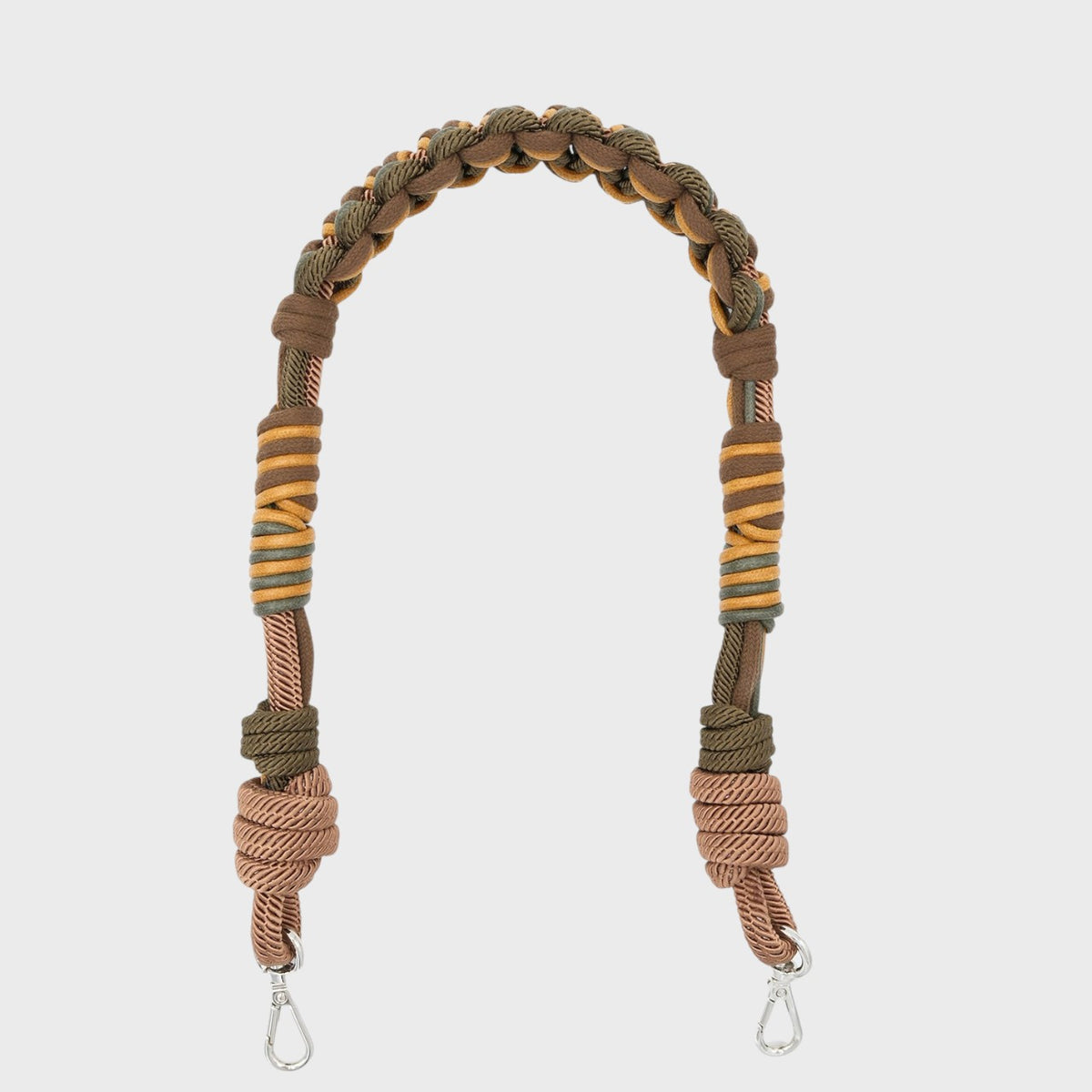 A woven macramé, green and brown bag strap.