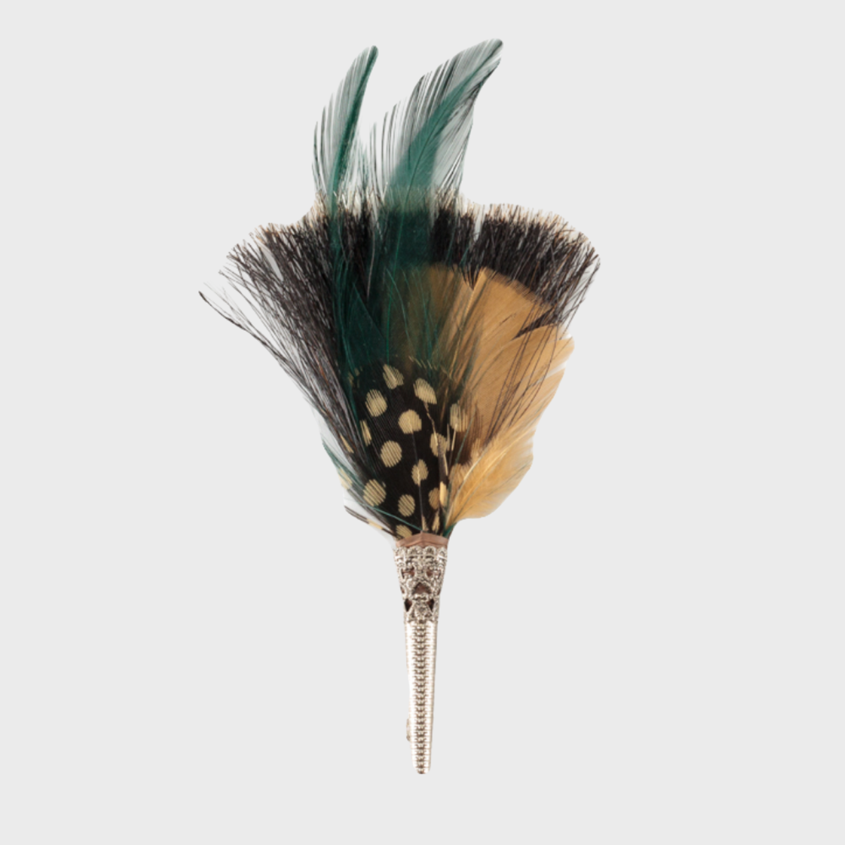A feather brooch, featuring a black base color with green, brown, and yellow accents, and a metallic clasp.