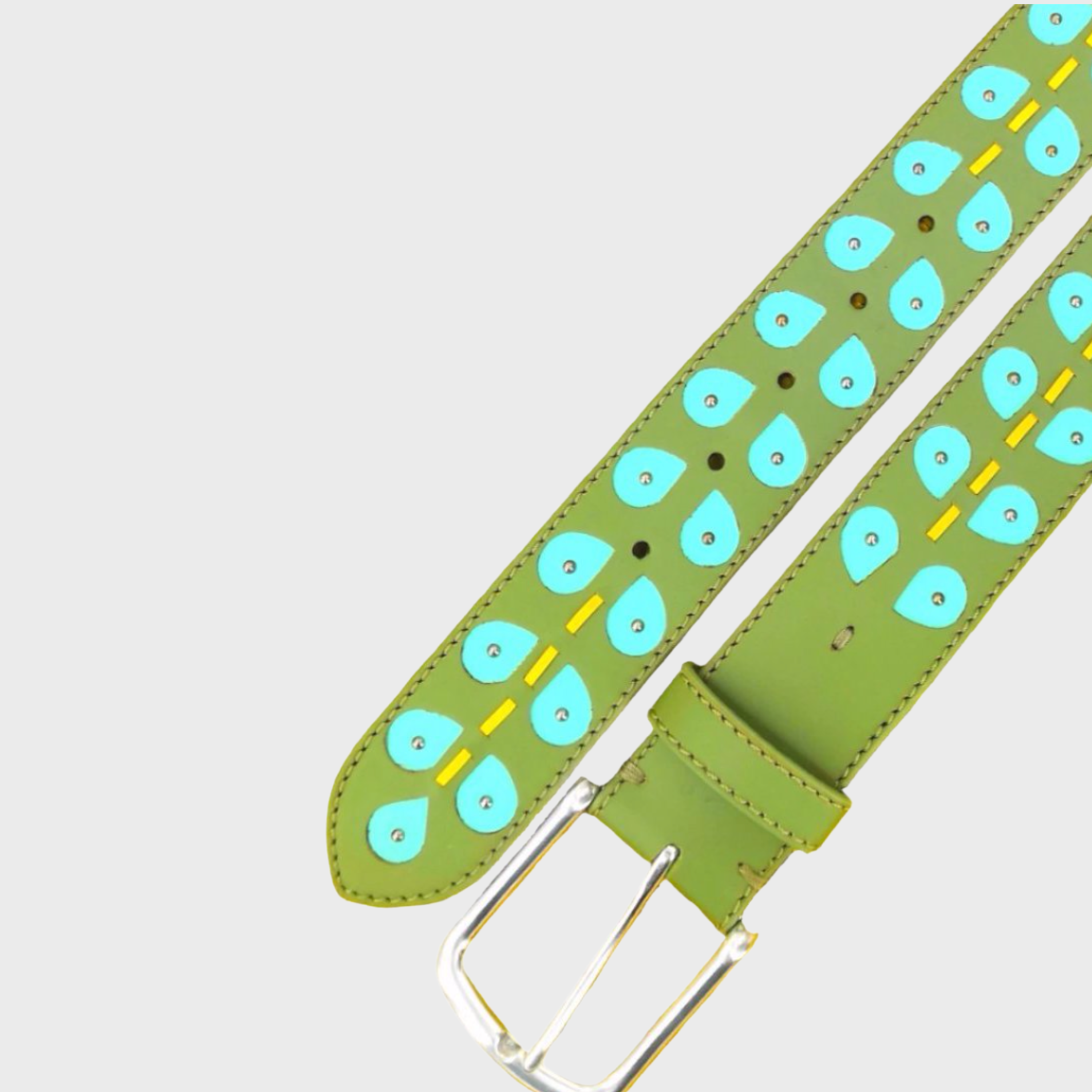 A green leather belt with a silver buckle, decorated with light blue teardrop motifs representing leaves, yellow dashed lines, and small metallic studs.