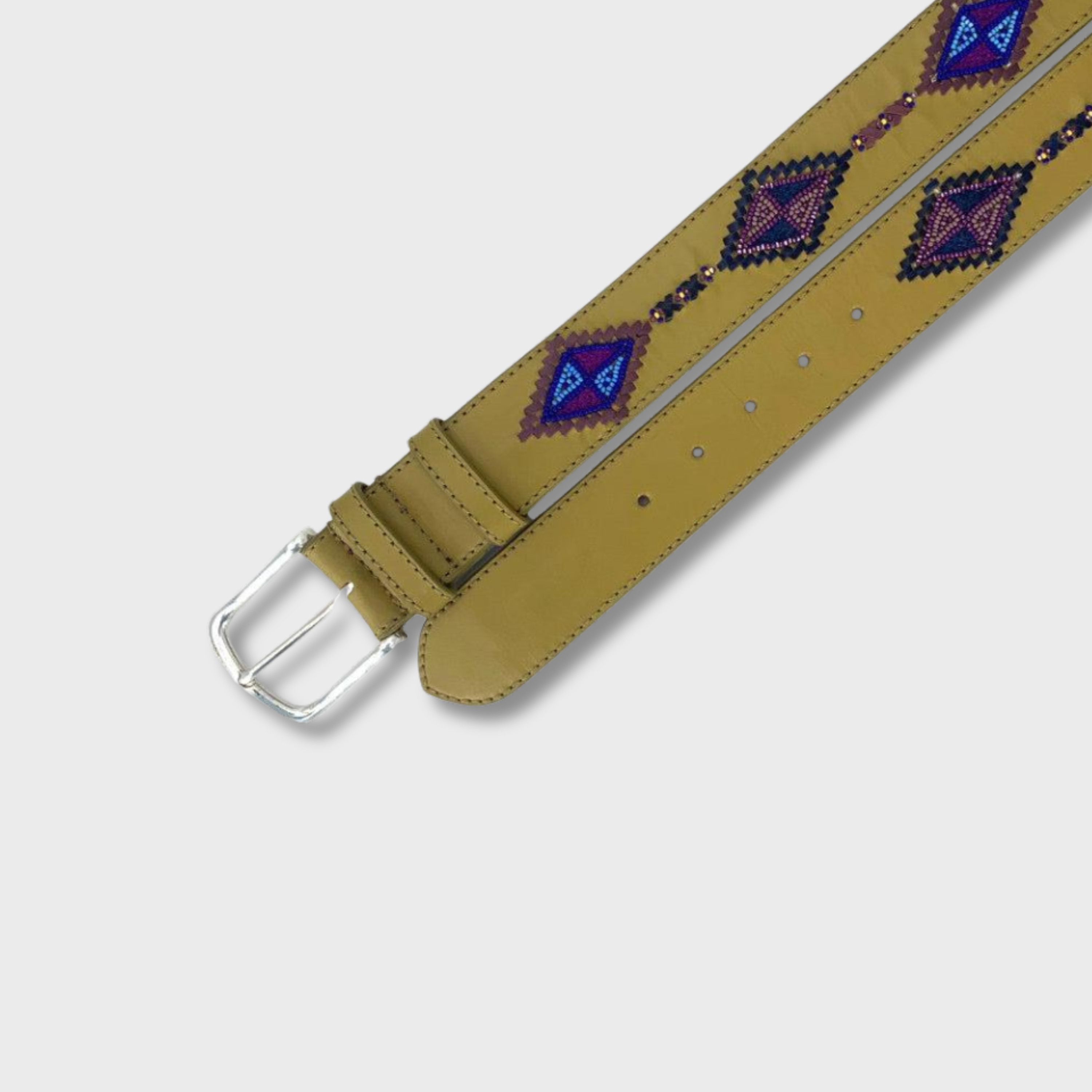 Close-up of the Purple & Blue with Pistachio Cherokee belt showing leather and bead detail