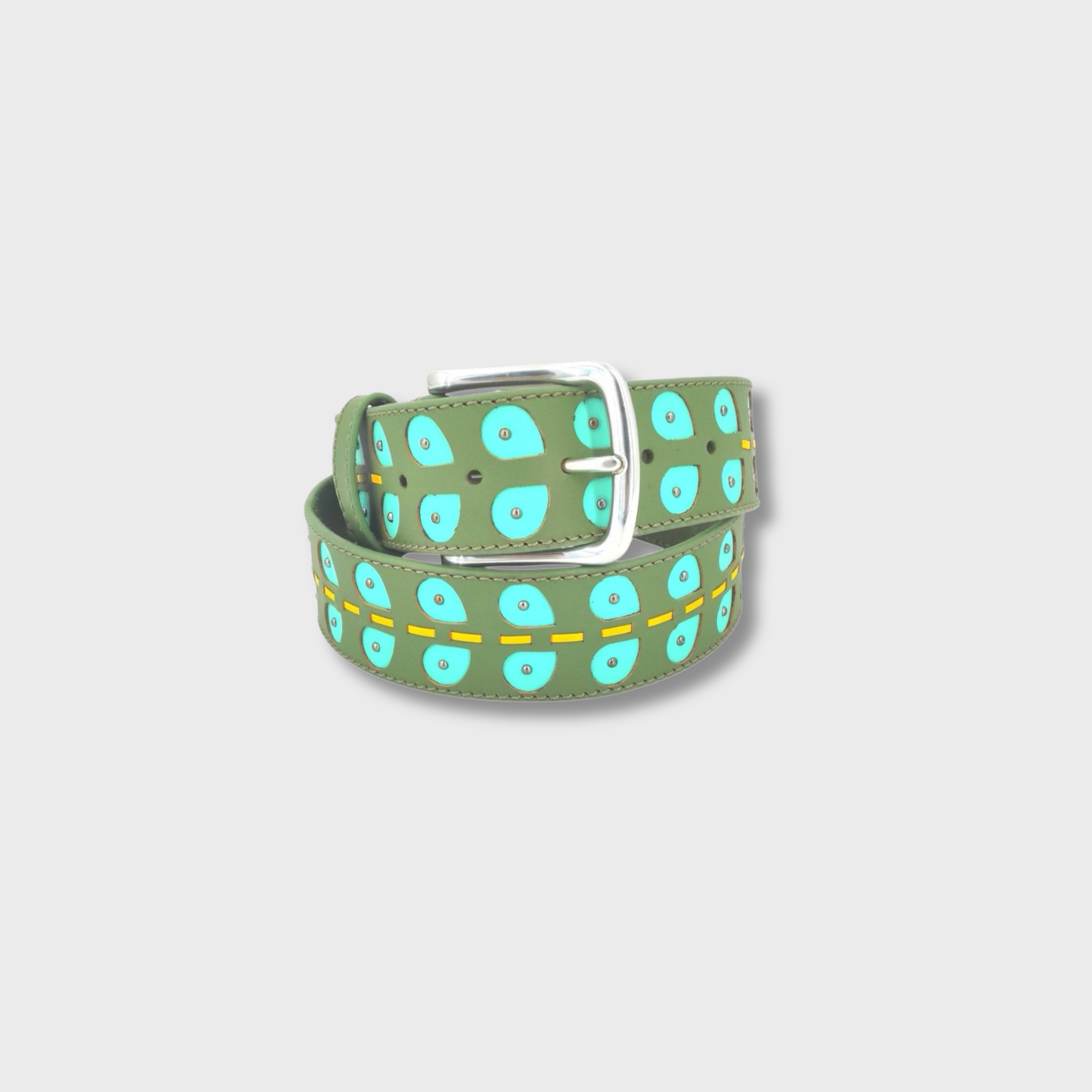 Oil Green & Aqua Blue Leaves belt in leather and beads with silver buckle — MY BOB