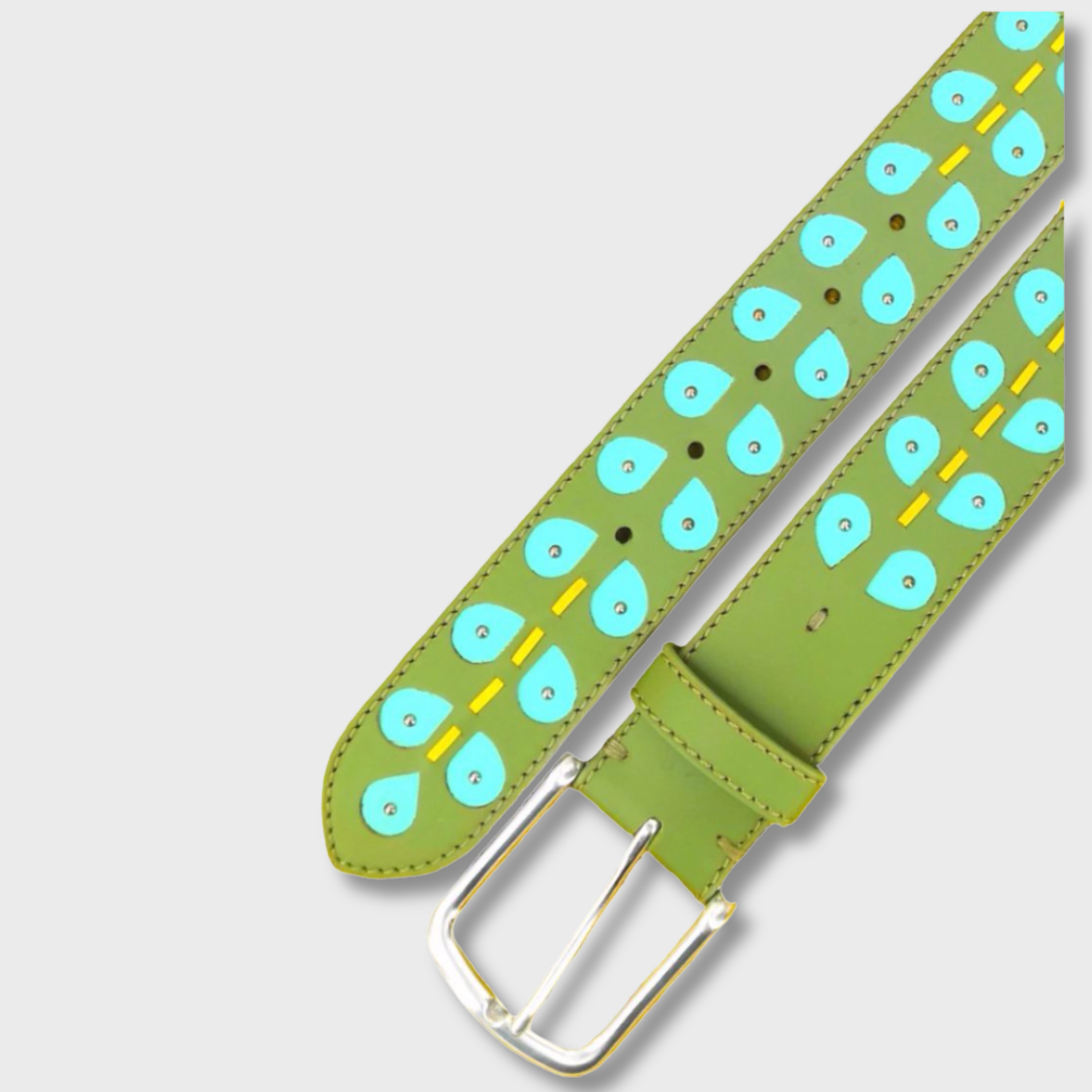 Close-up of the Oil Green & Aqua Blue Leaves belt showing leather and bead detail