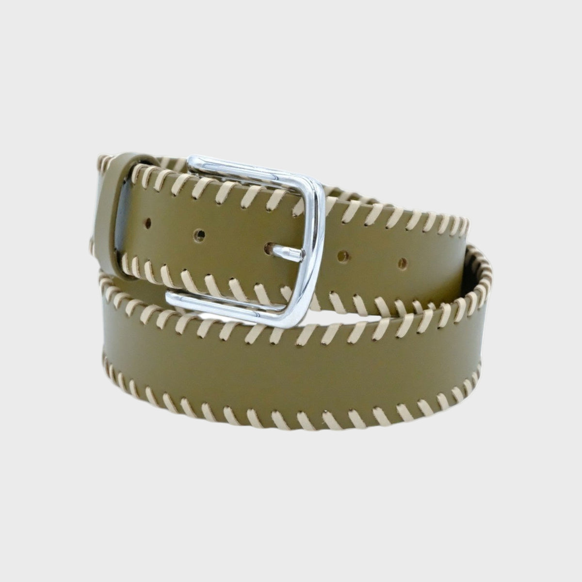 Green leather belt with white stitching on a light gray background