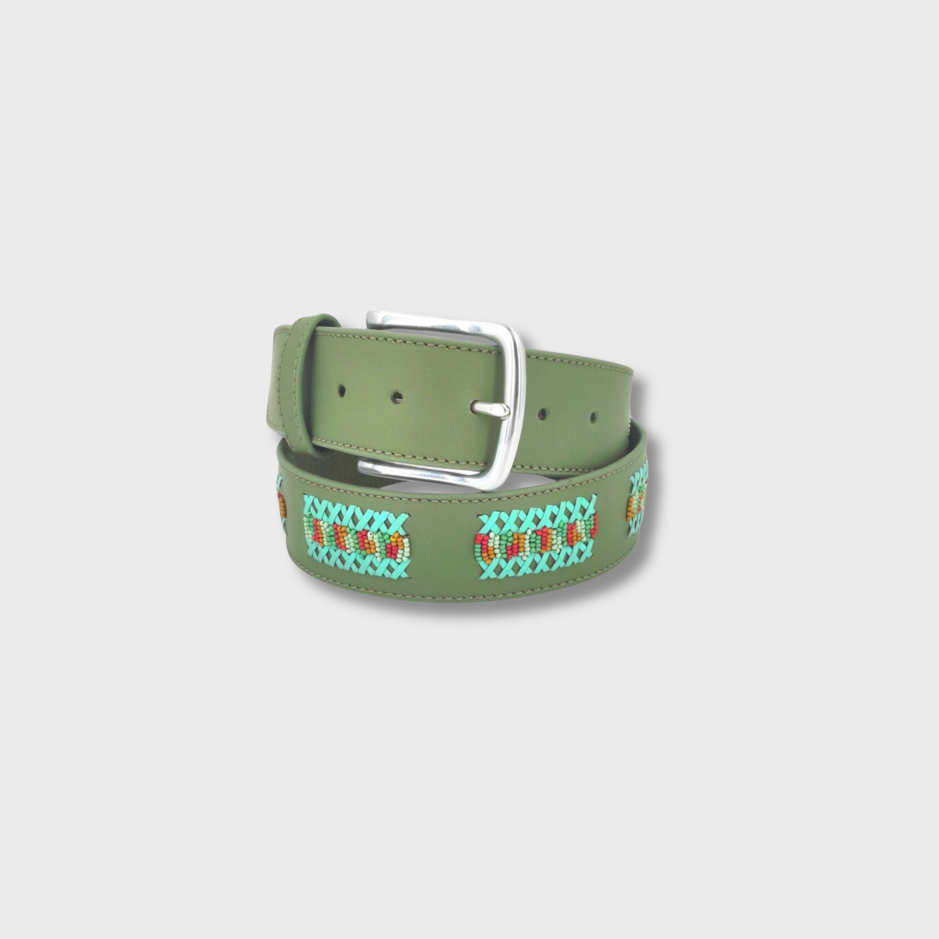 Oil Green Multicolour Stripe belt in leather and beads with silver buckle — MY BOB