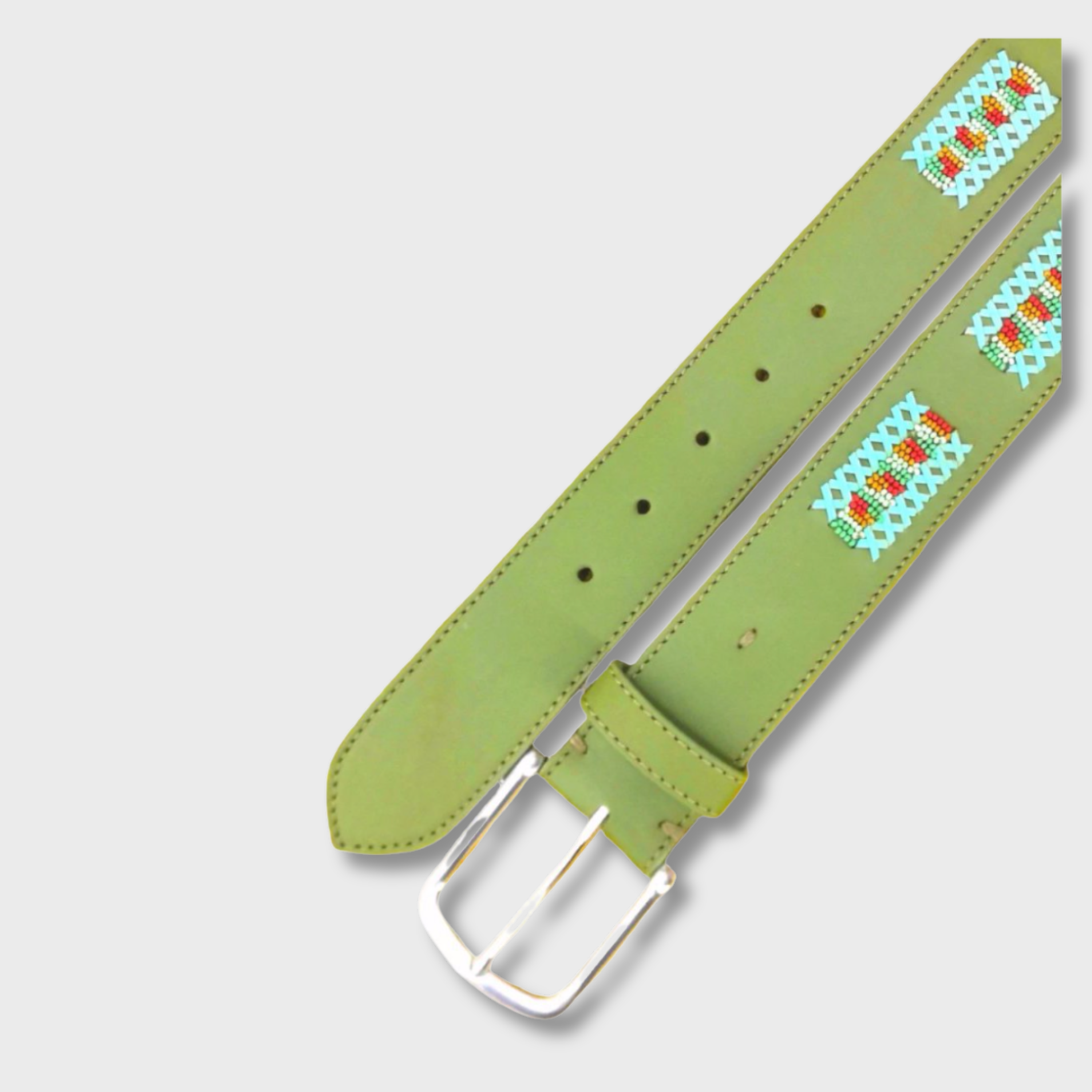 Close-up of the Oil Green Multicolour Stripe belt showing leather and bead detail