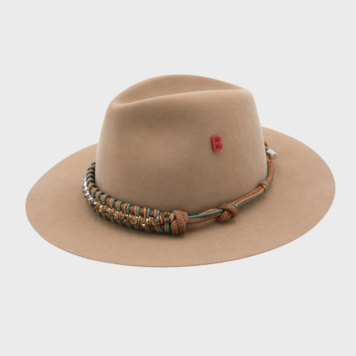A grey fedoras wool hat with a decorative hat band in brown and green macramé with brown rhinestones. 