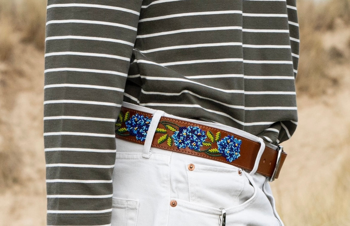 FLOWER Belt Blues w/Cognac Leather