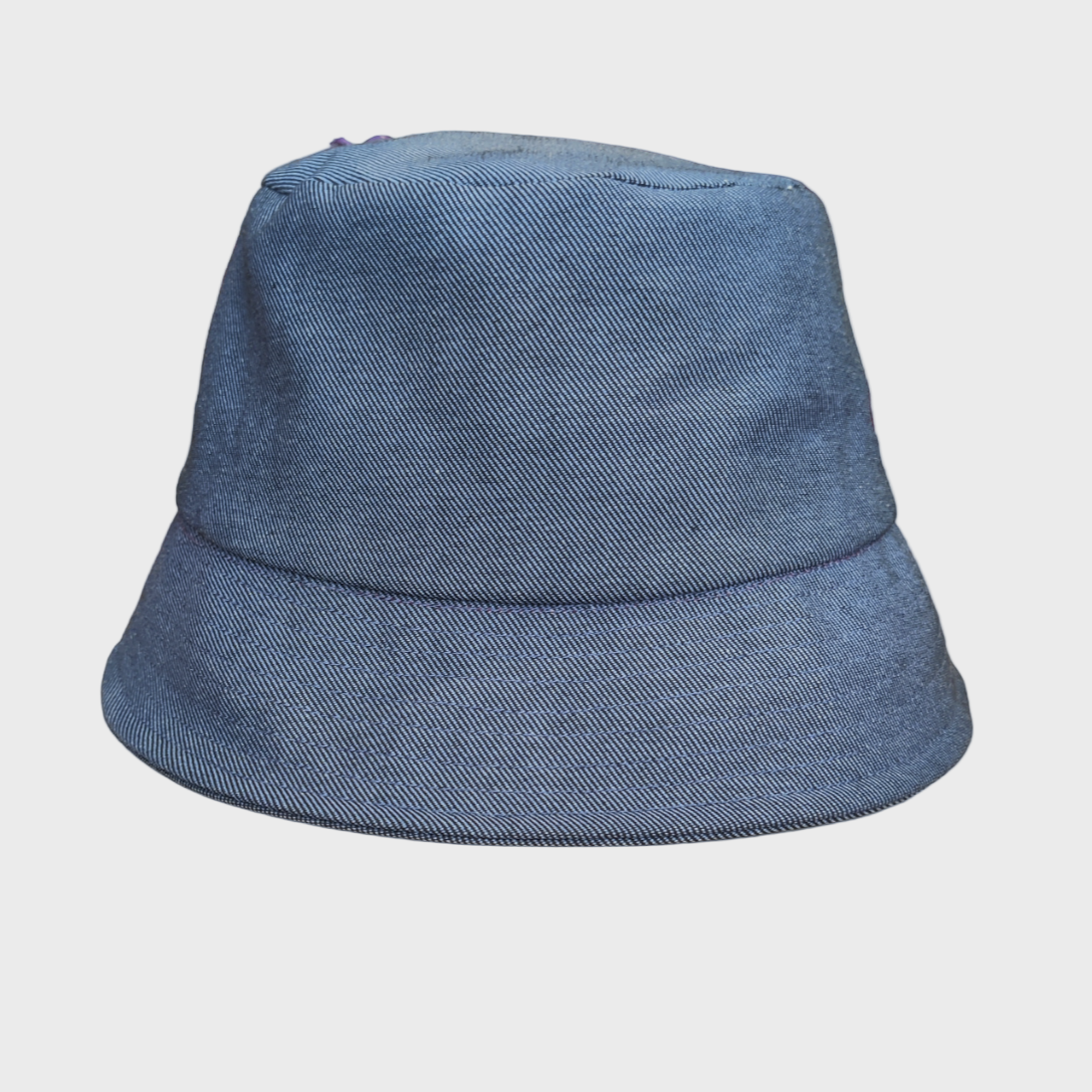 Blue bucket hat on a light gray background
