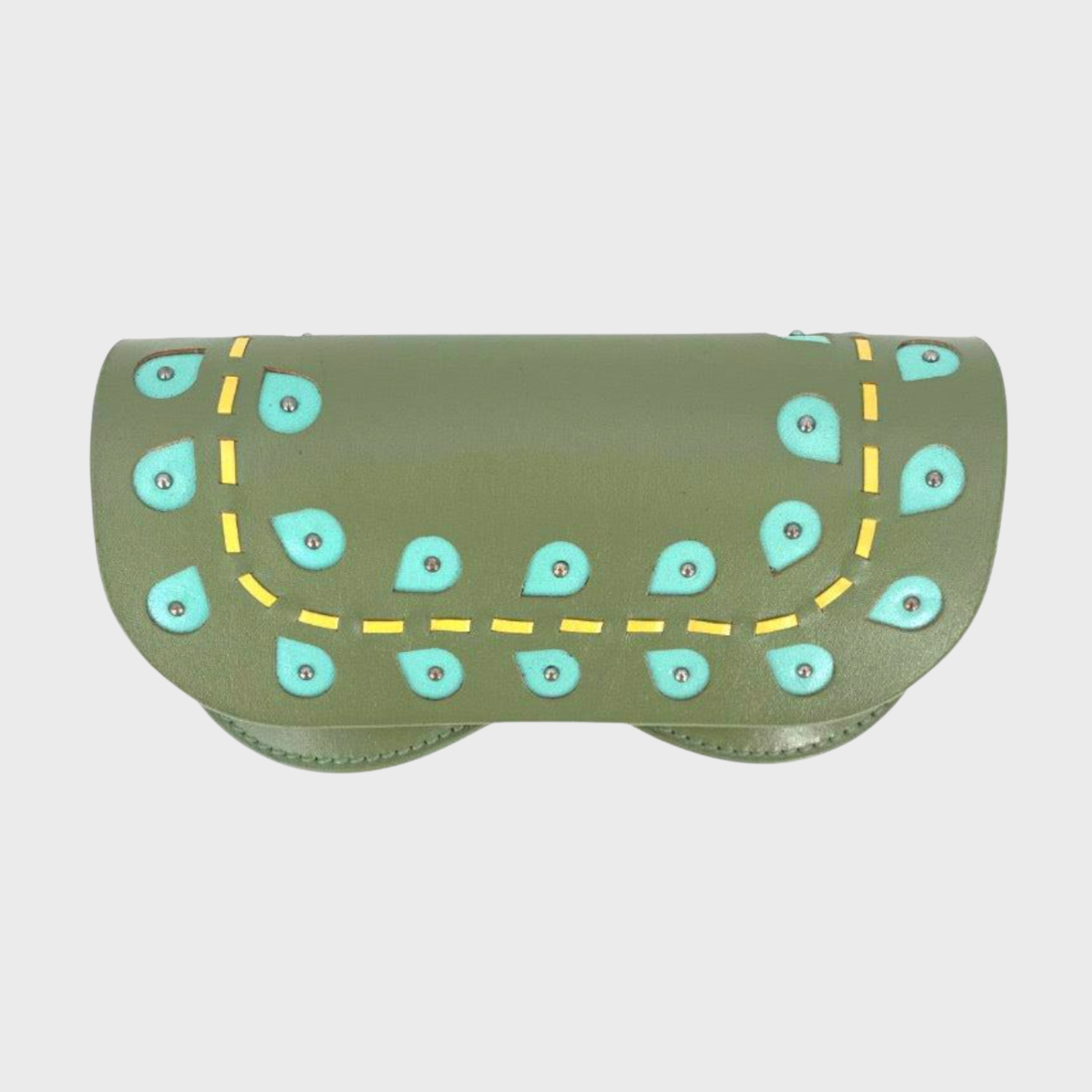 A Green leather glasses case with embroidered light blue leaves on it. 