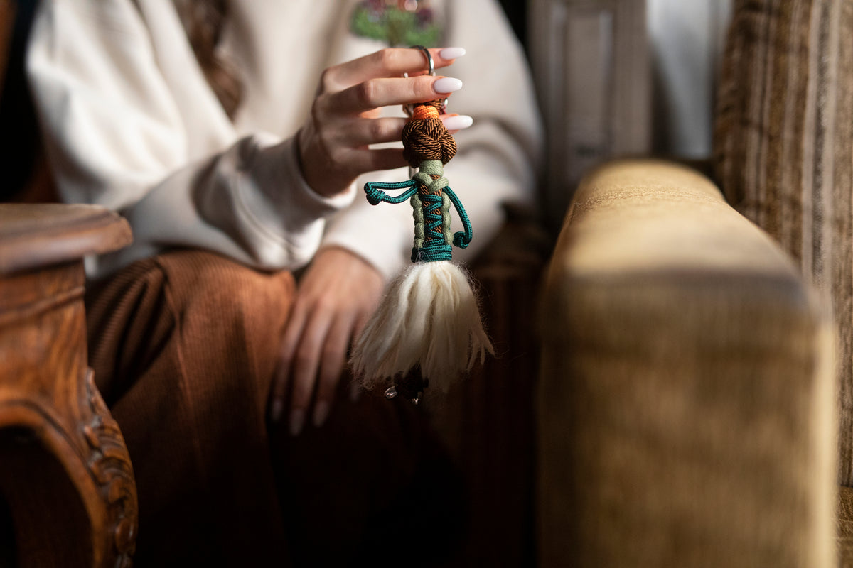 A person holding a key ring representing a character. 