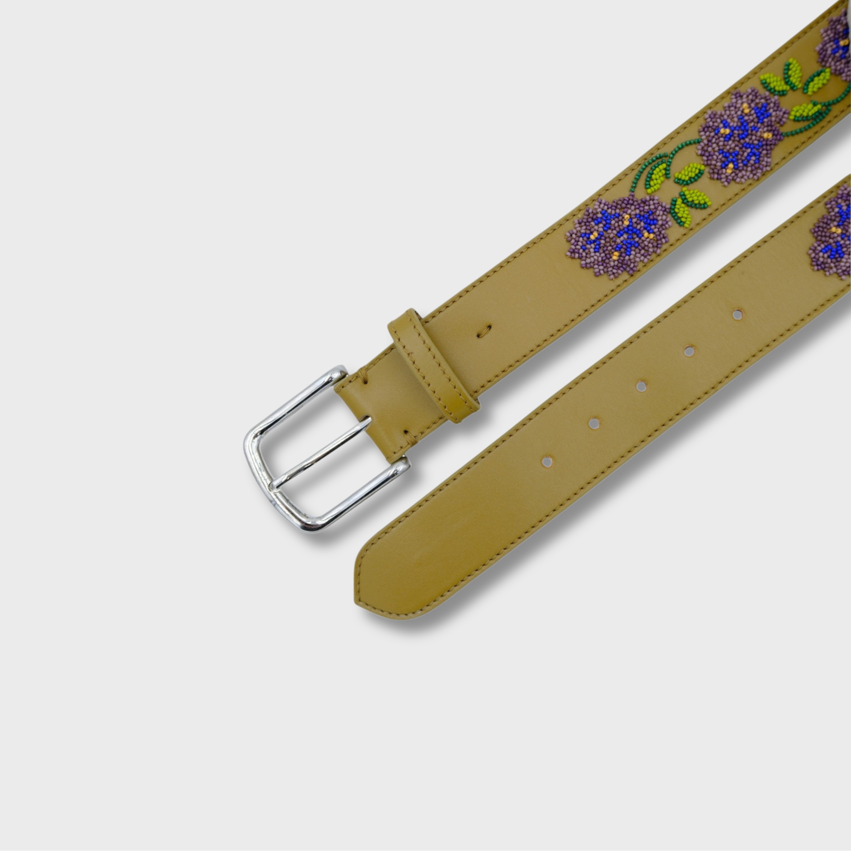 Close-up of the Purple & Blue with Pistachio Flower belt showing leather and bead detail