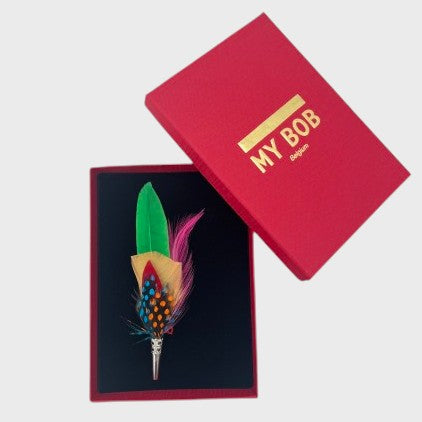 Pink and green, red, beige feather brooch in a box on a light gray background