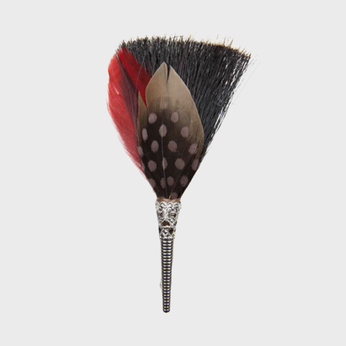 A feather brooch with red, black, and gray colors, attached to a pin accessory, against a white background.